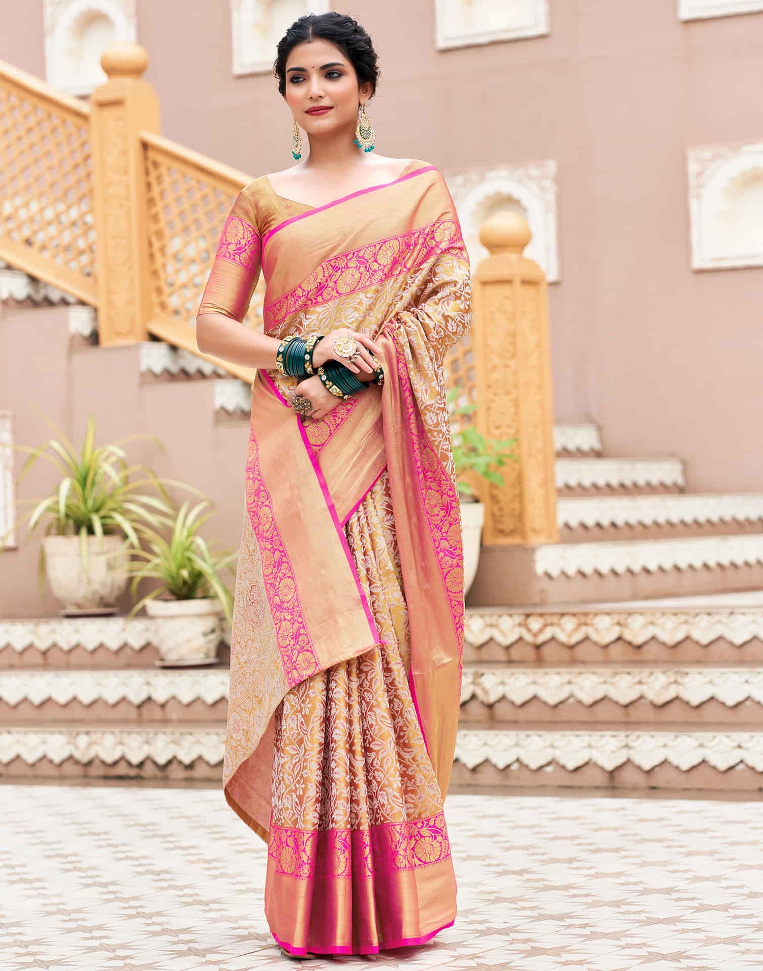 Rani Pink Woven Kanjivaram Silk Saree