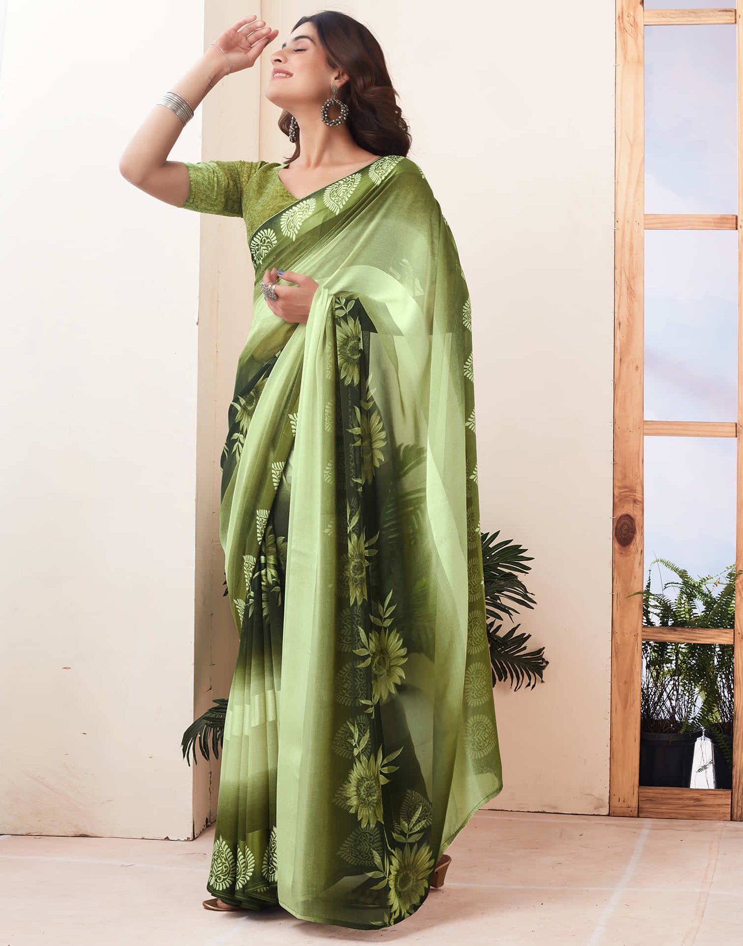 Pista Green Printed Georgette Saree