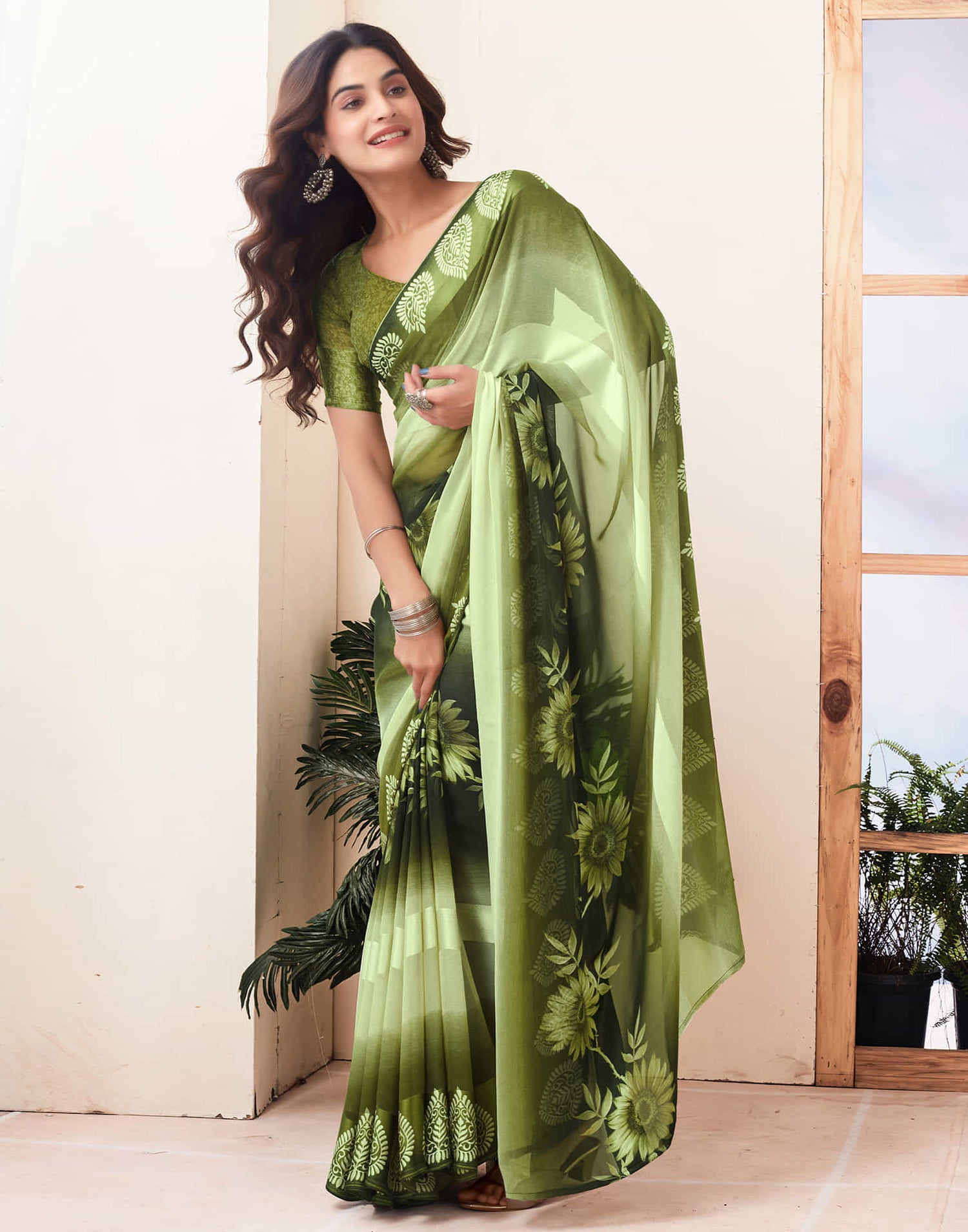 Pista Green Printed Georgette Saree