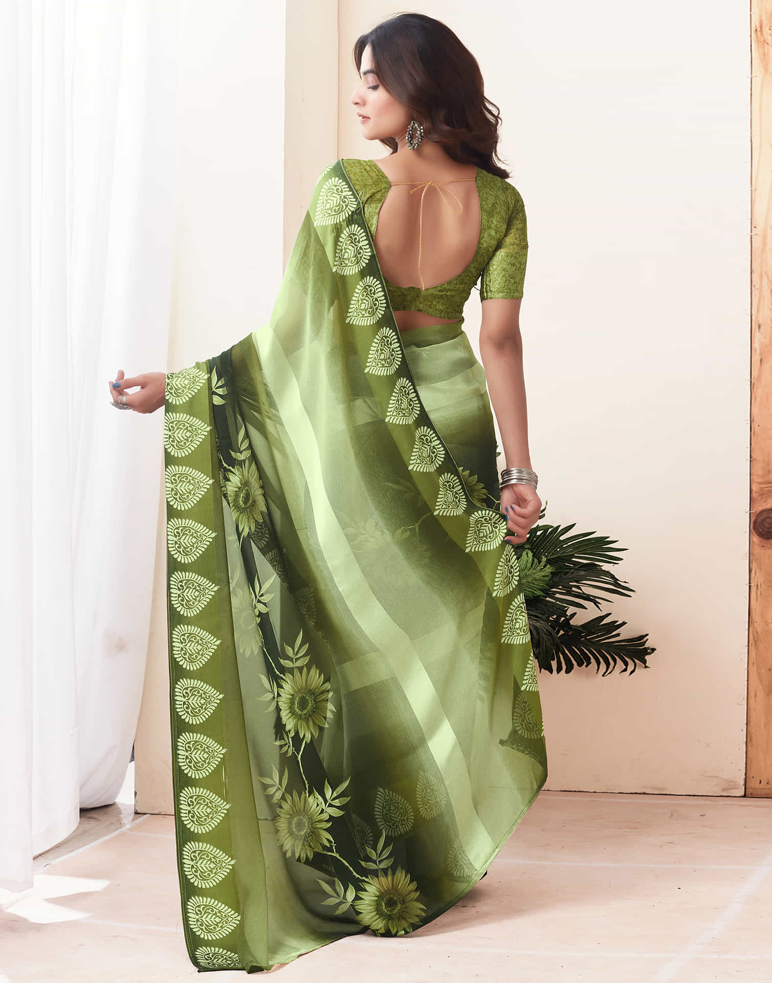 Pista Green Printed Georgette Saree