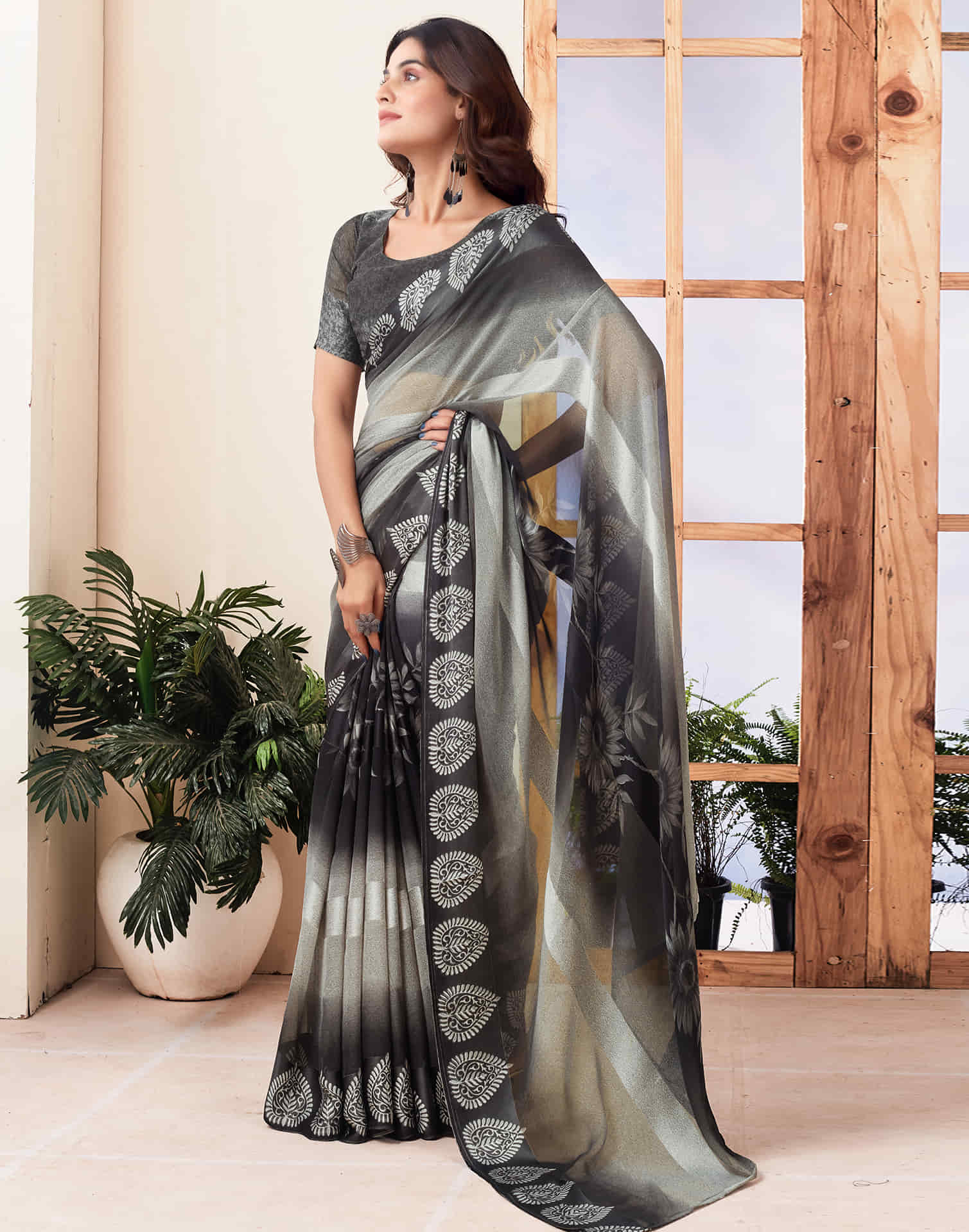 Black Printed Georgette Saree