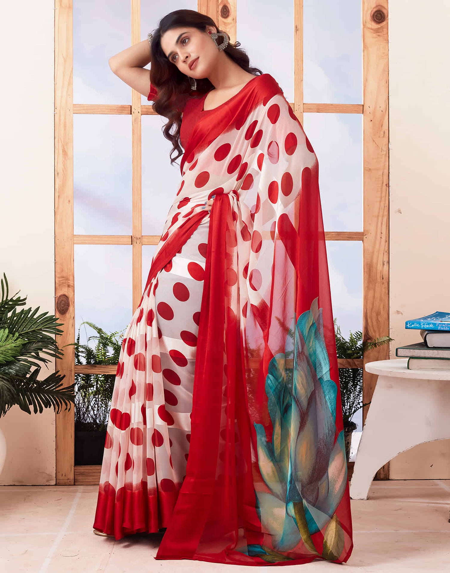 Red Printed Georgette Saree