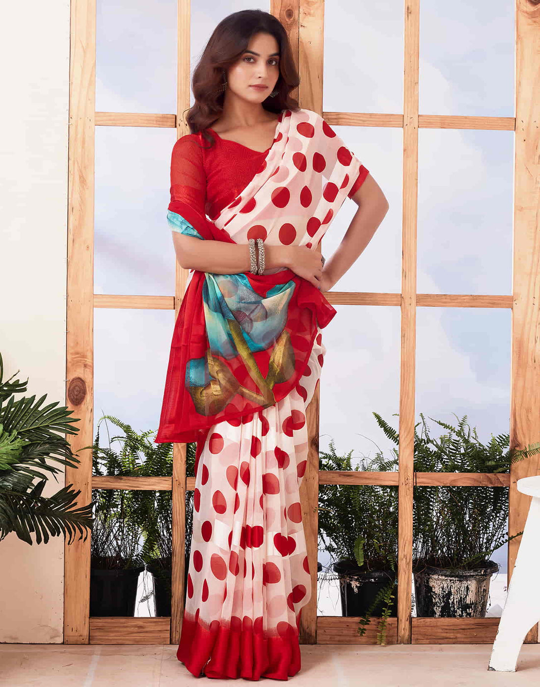 Red Printed Georgette Saree