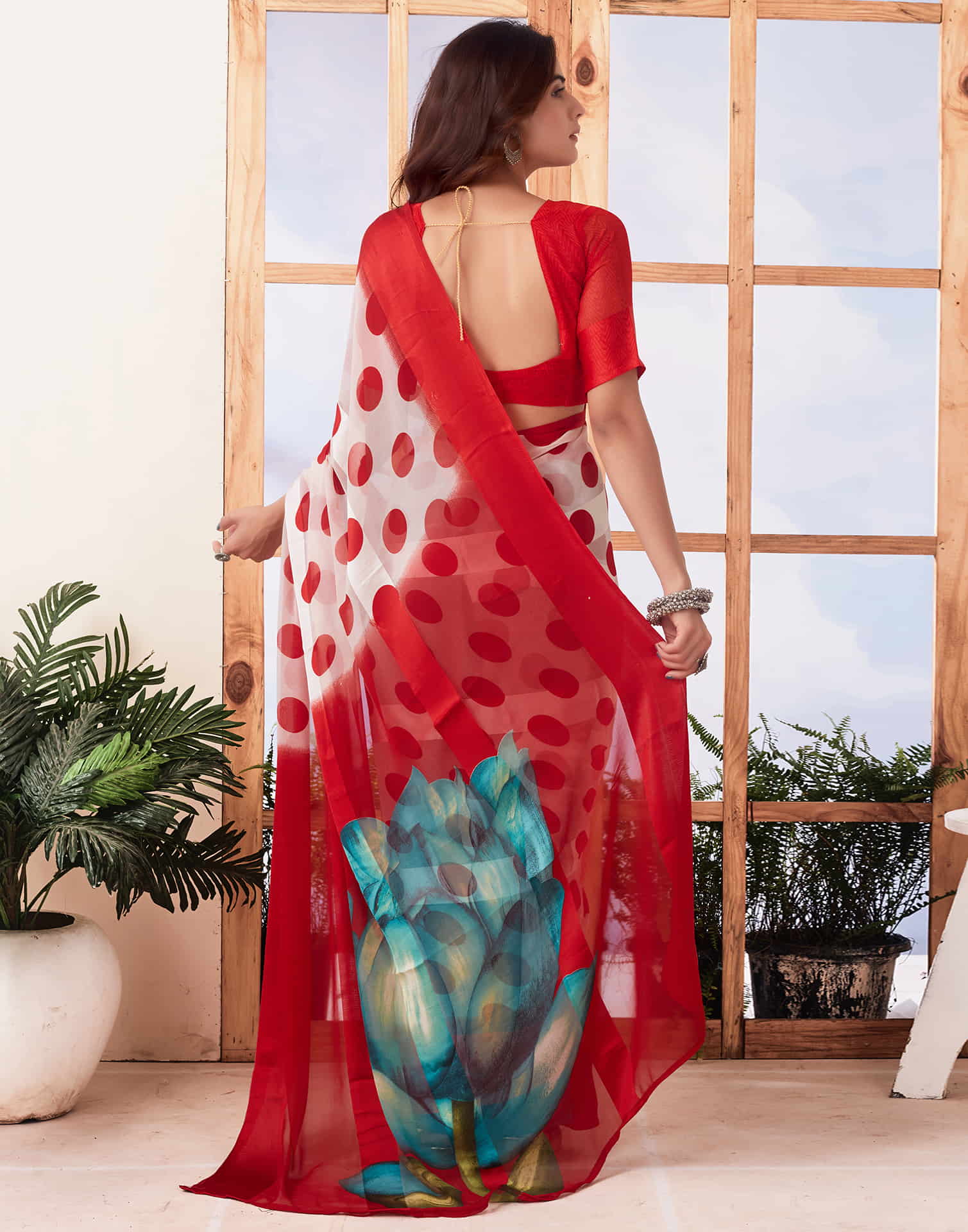 Red Printed Georgette Saree