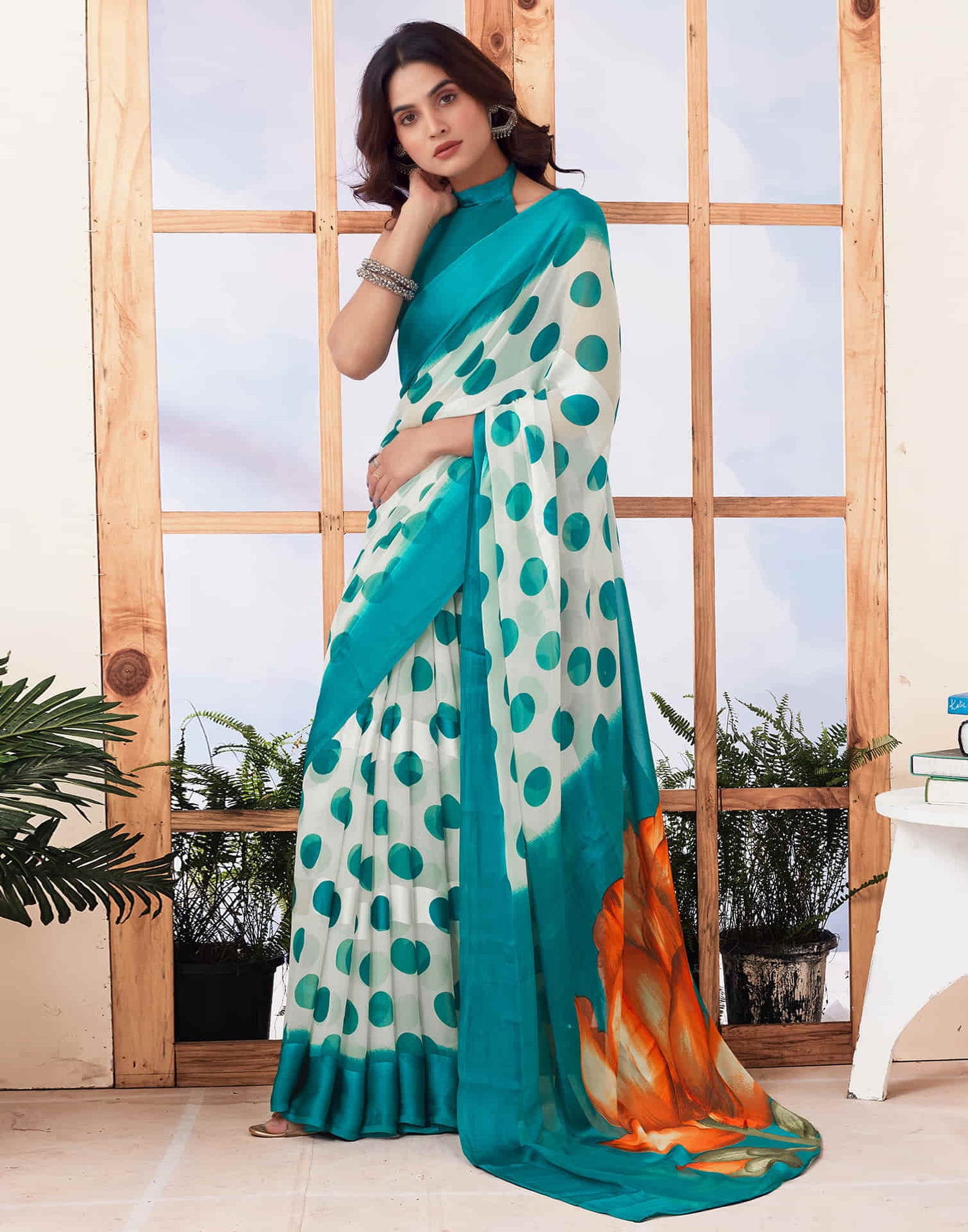 Teal Blue Printed Georgette Saree