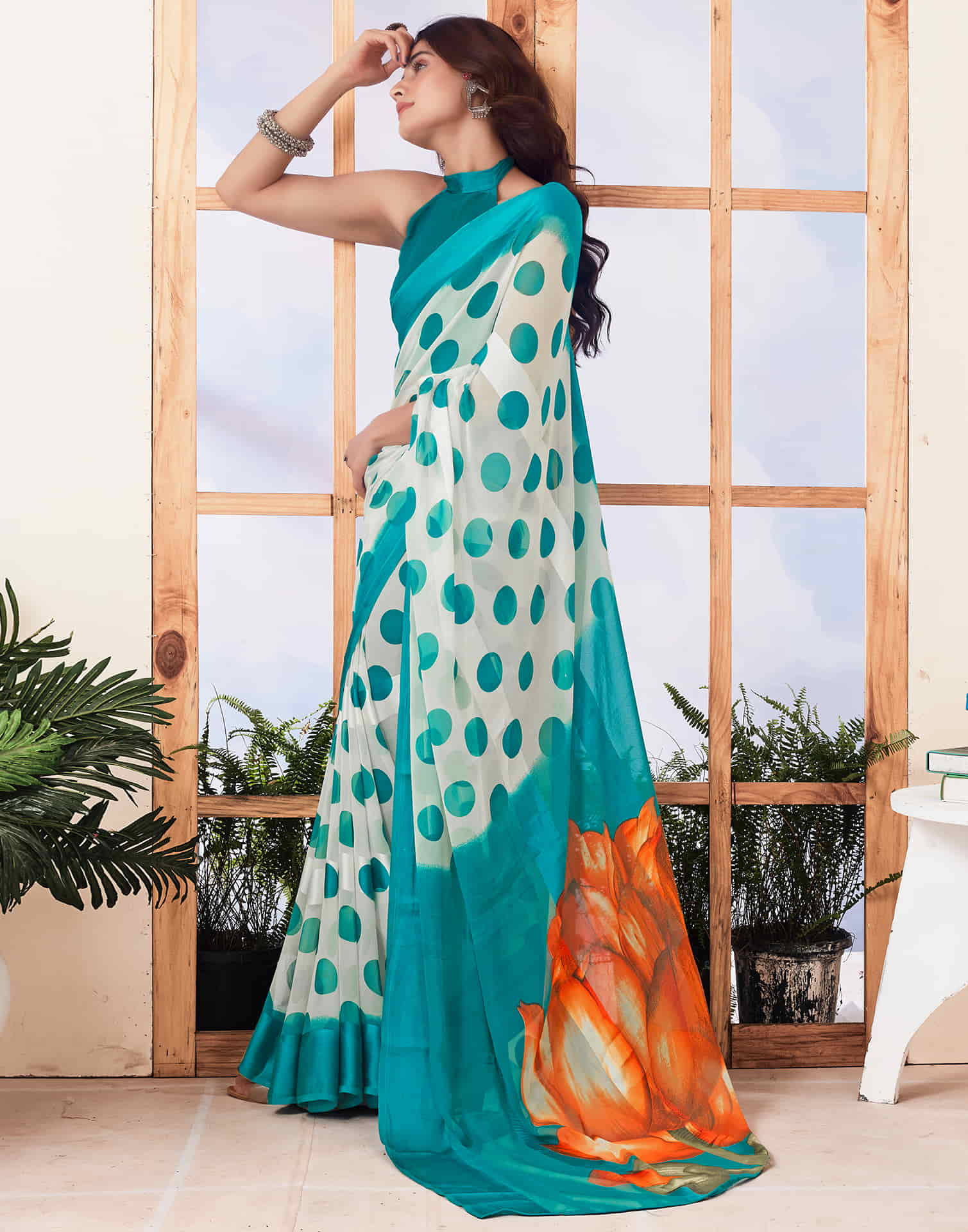 Teal Blue Printed Georgette Saree