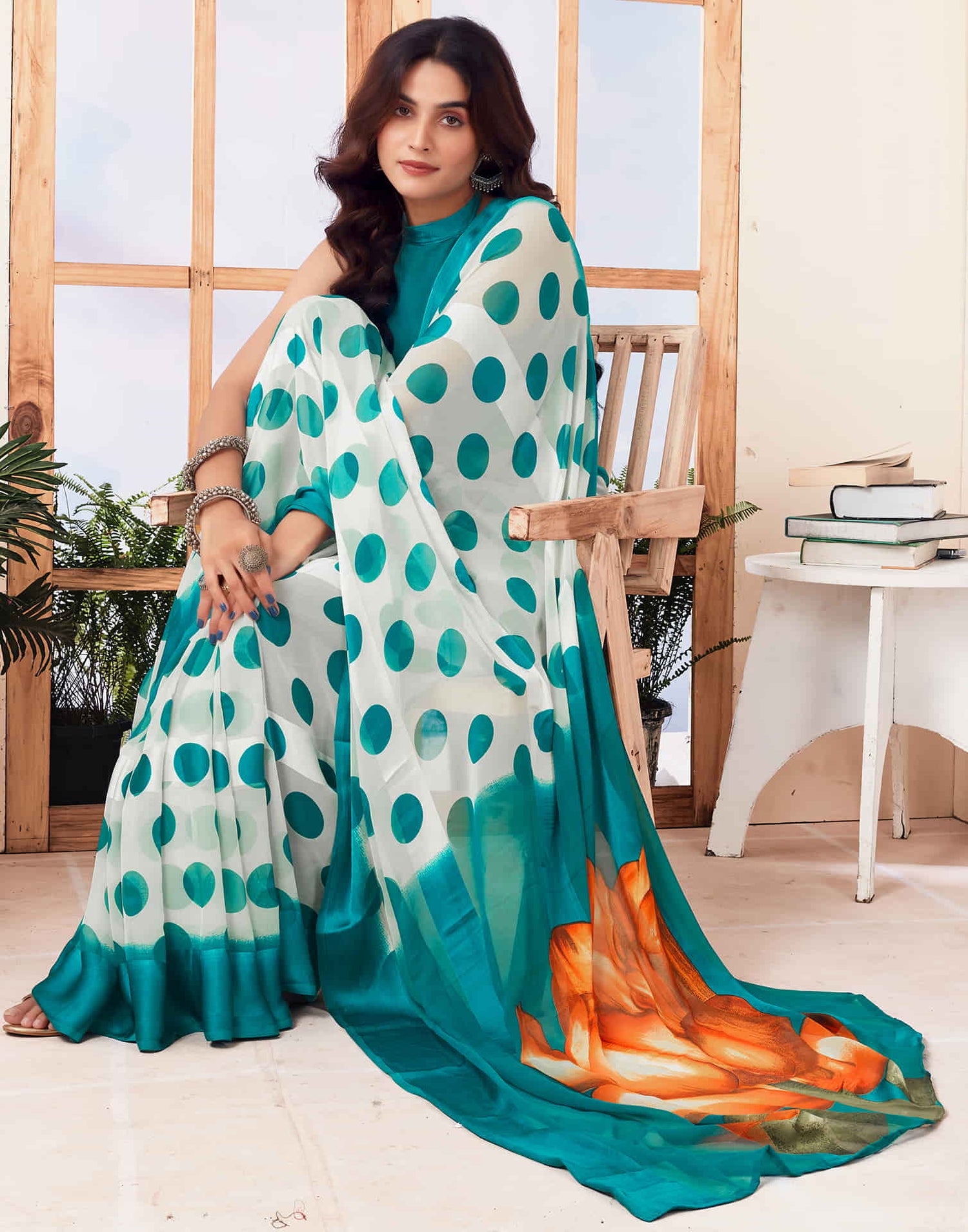 Teal Blue Printed Georgette Saree