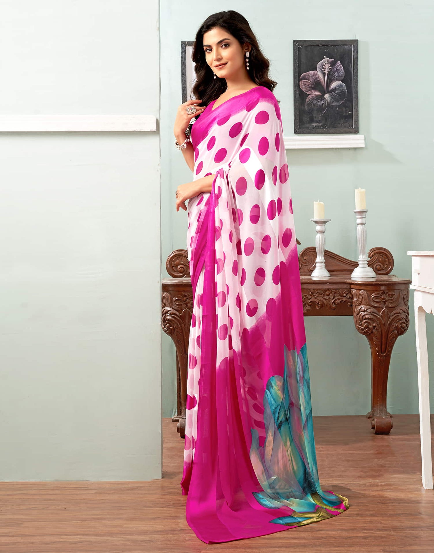 Pink Printed Georgette Saree