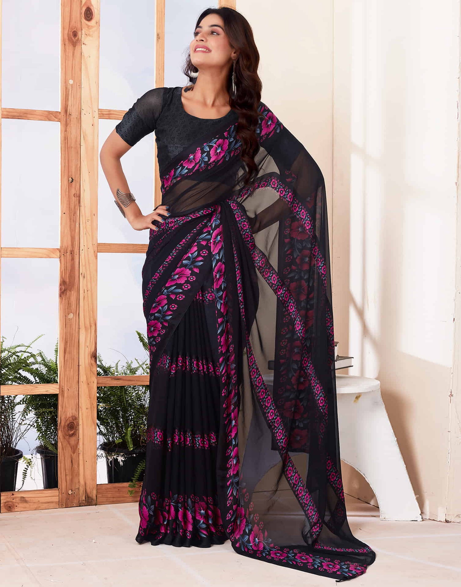 Black Printed Georgette Saree