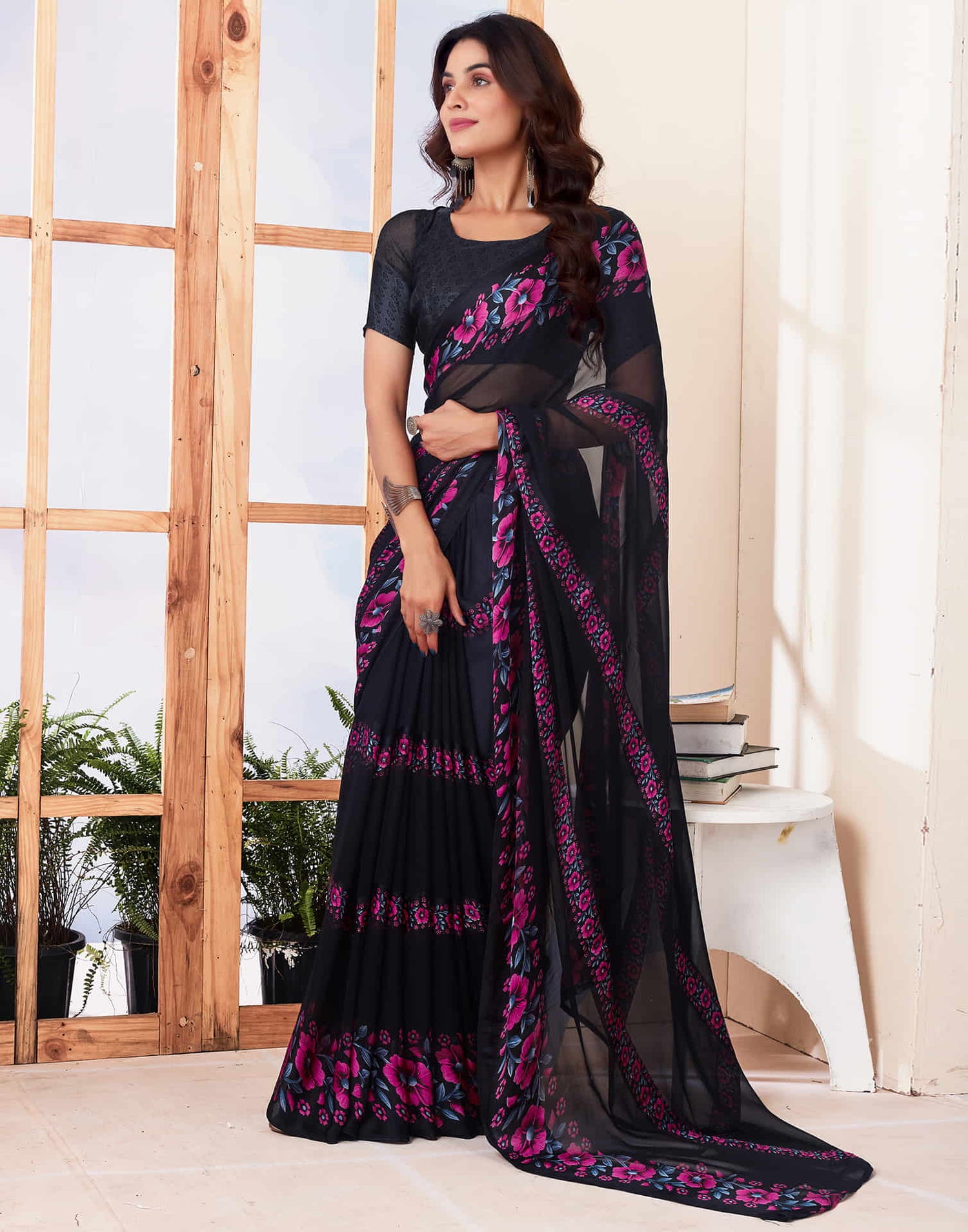 Black Printed Georgette Saree