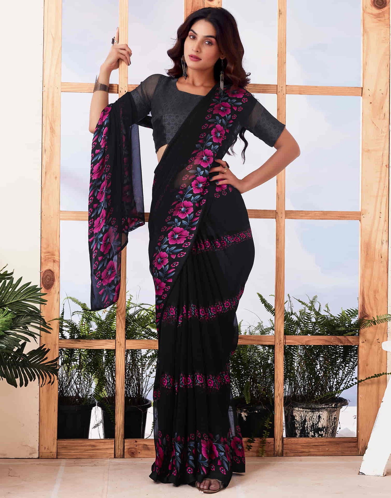 Black Printed Georgette Saree