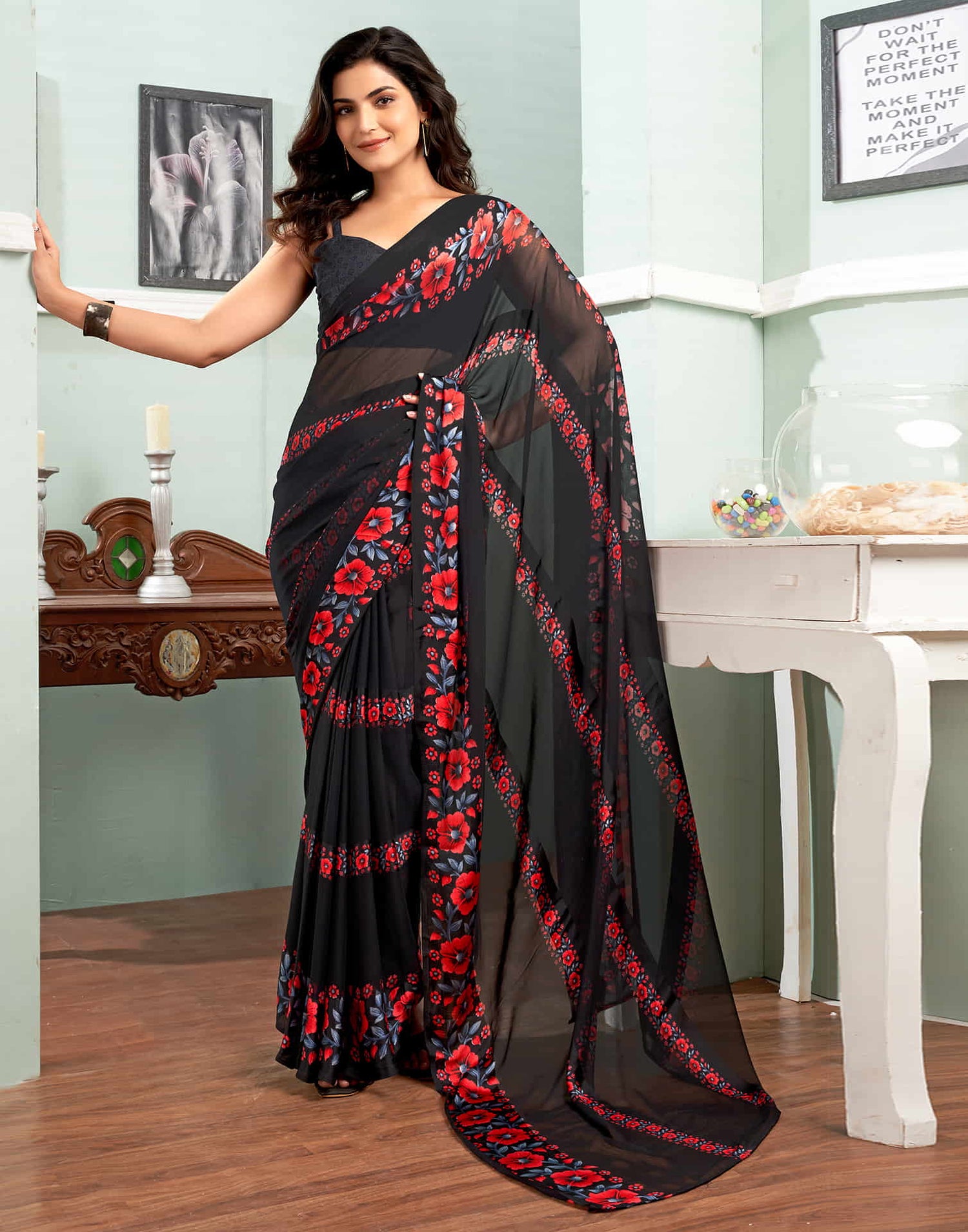 Black Printed Georgette Saree