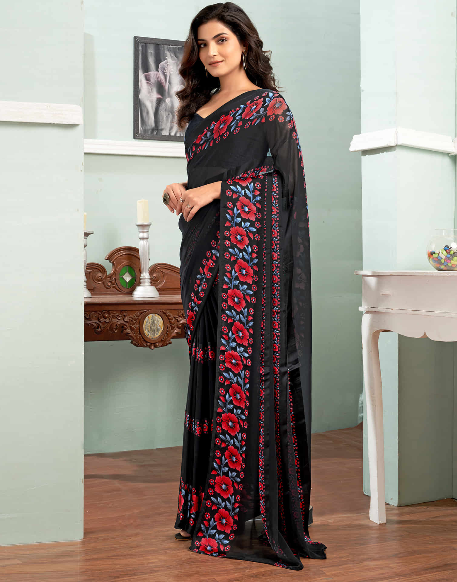 Black Printed Georgette Saree