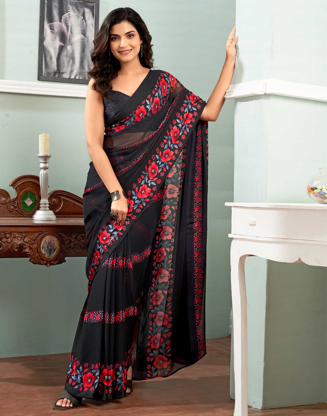 Black Printed Georgette Saree