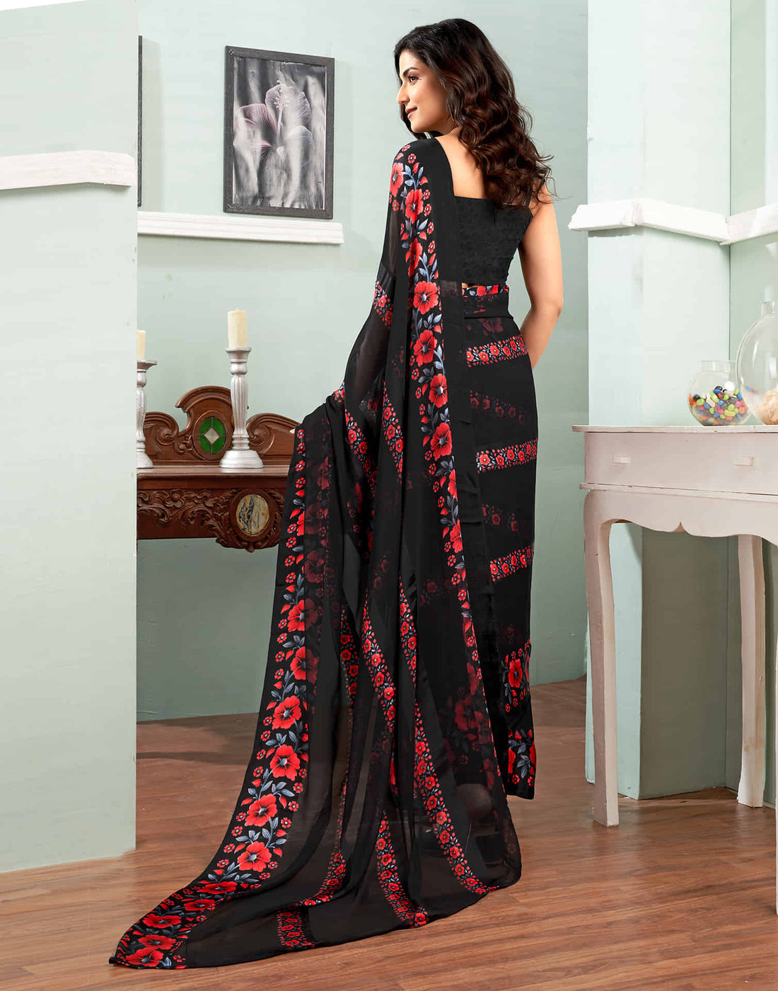 Black Printed Georgette Saree