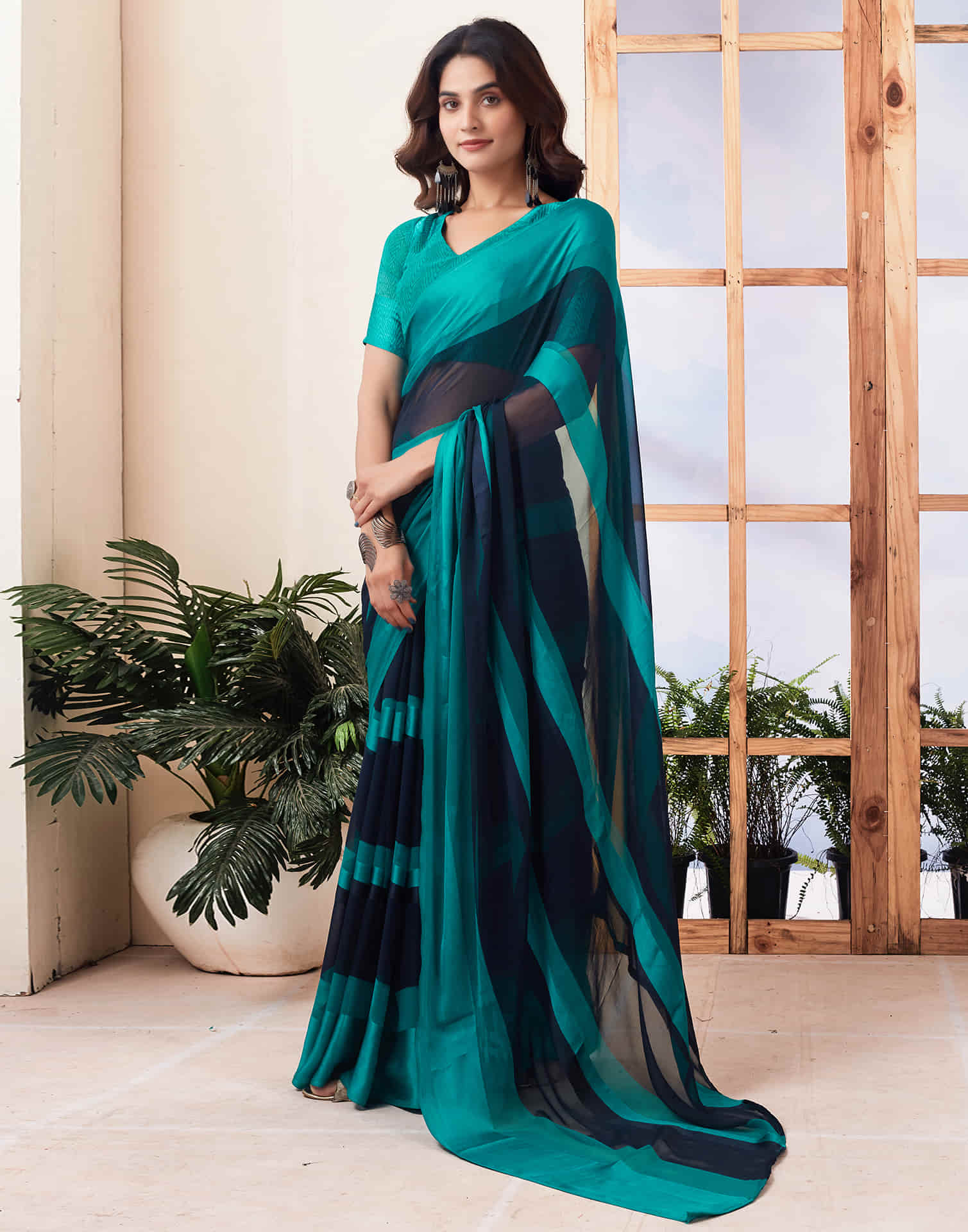 Navy Blue Printed Georgette Saree