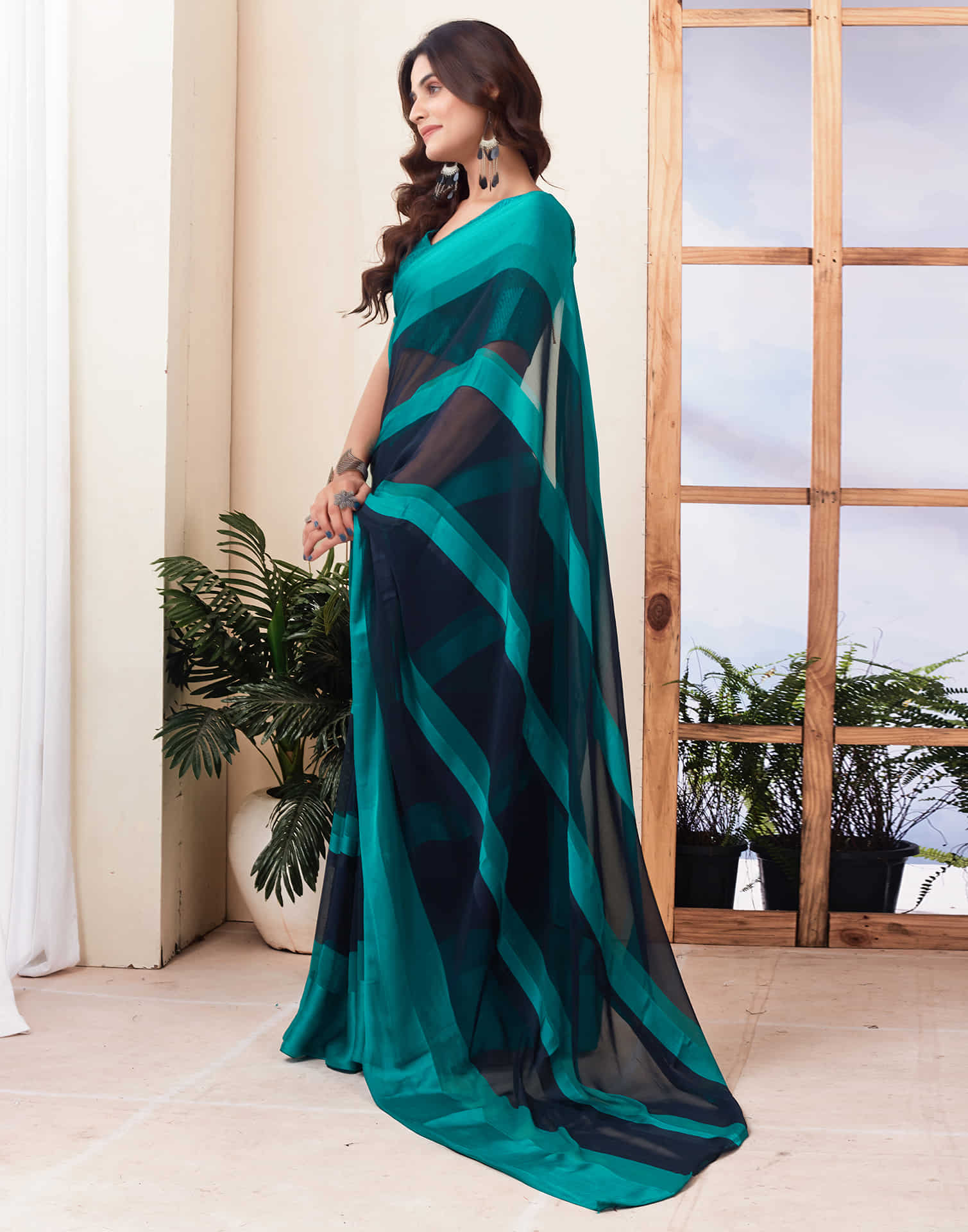 Navy Blue Printed Georgette Saree