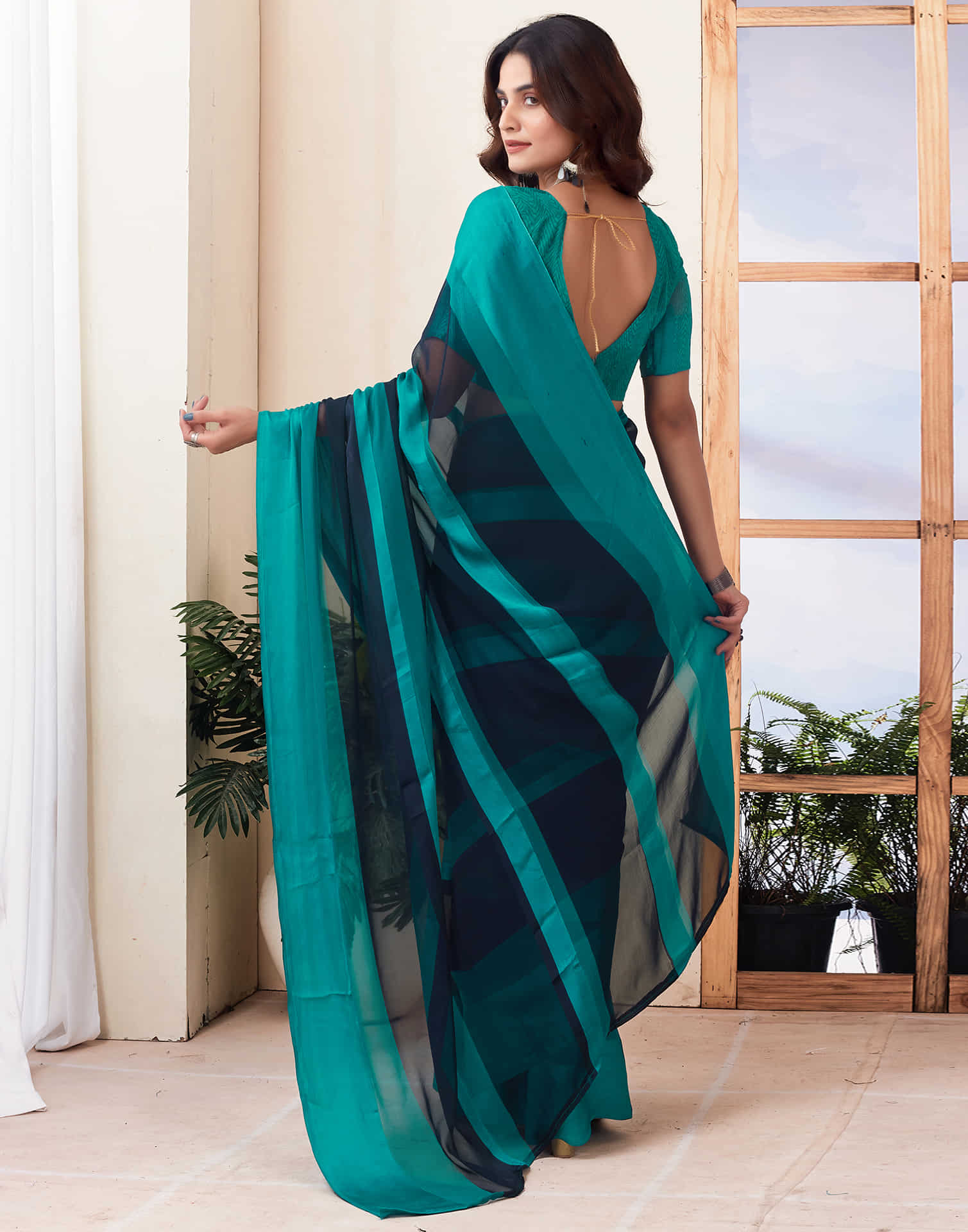 Navy Blue Printed Georgette Saree