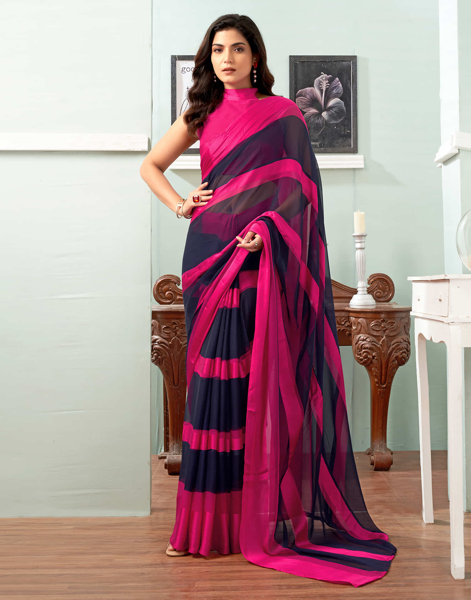 Navy Blue Printed Georgette Saree