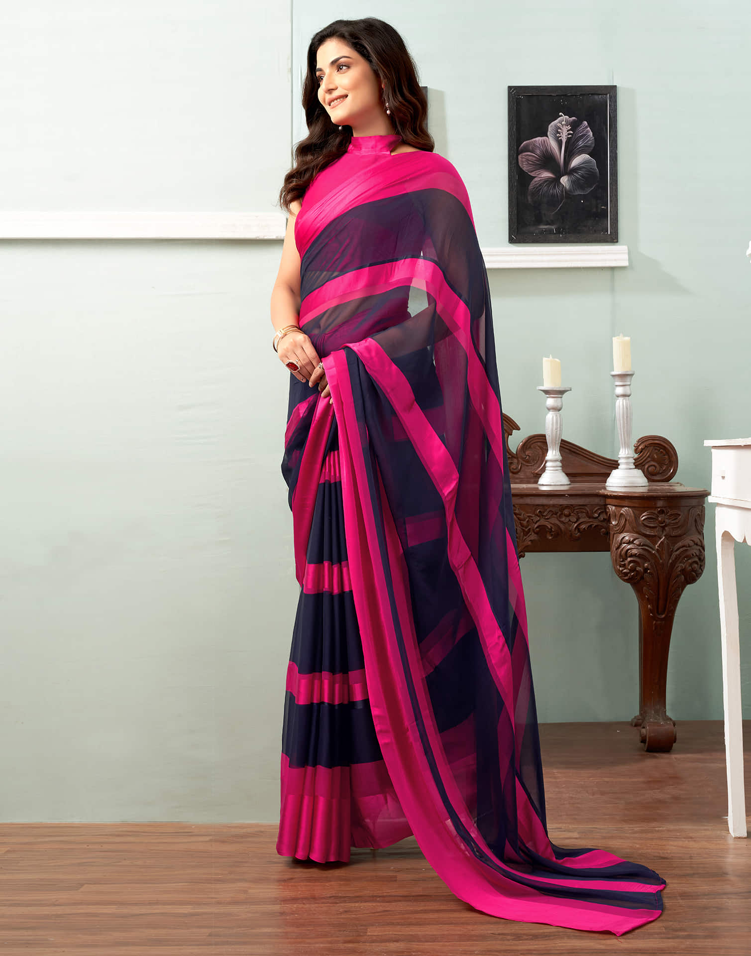 Navy Blue Printed Georgette Saree