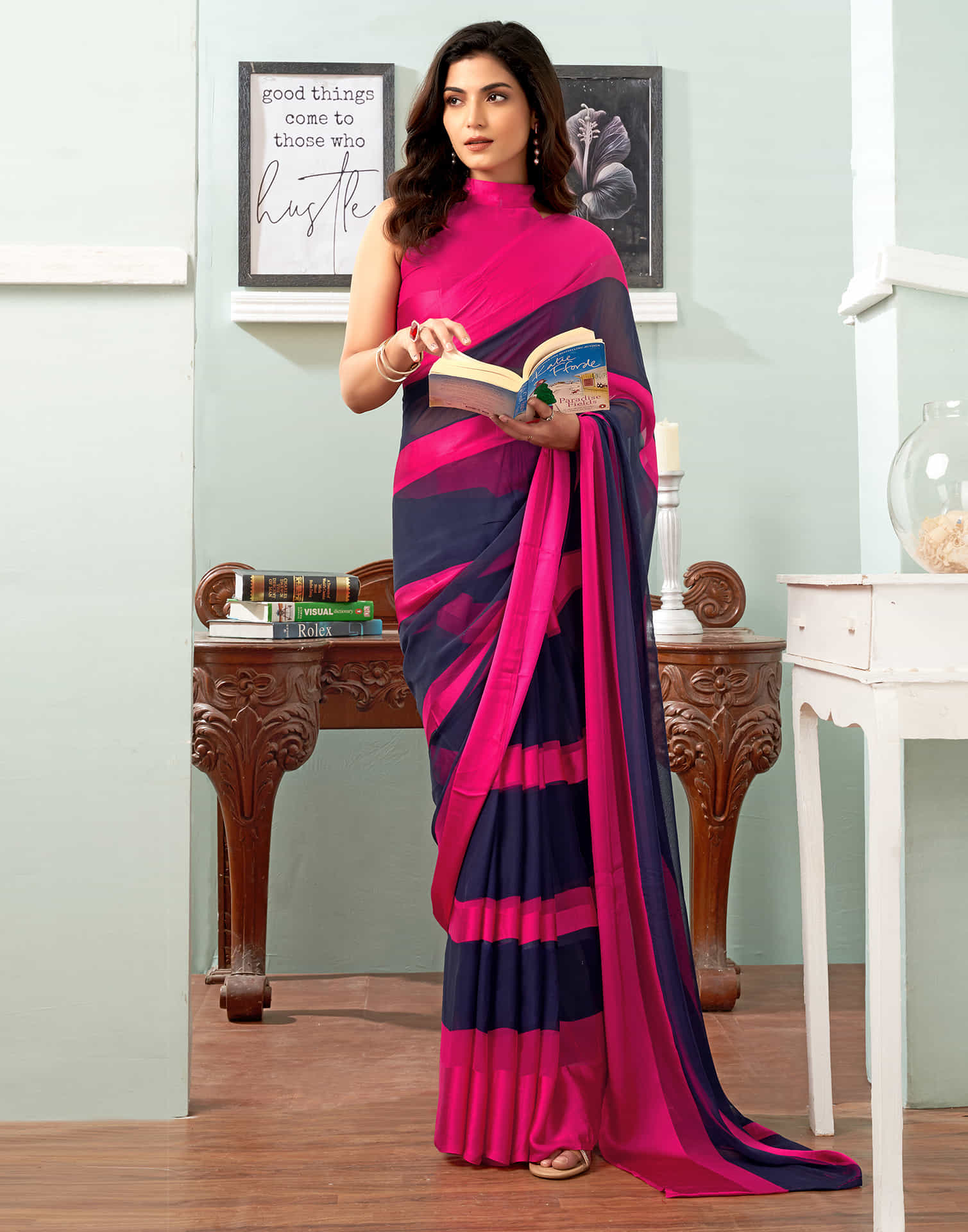 Navy Blue Printed Georgette Saree