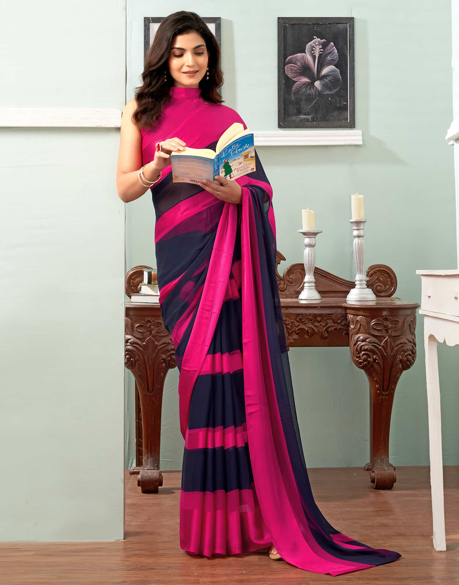 Navy Blue Printed Georgette Saree