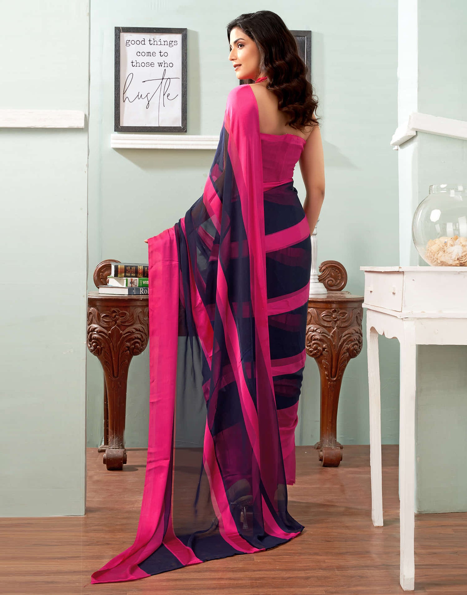 Navy Blue Printed Georgette Saree