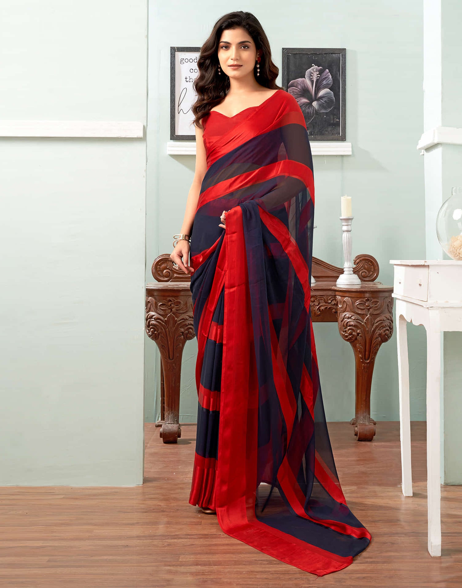 Navy Blue Printed Georgette Saree