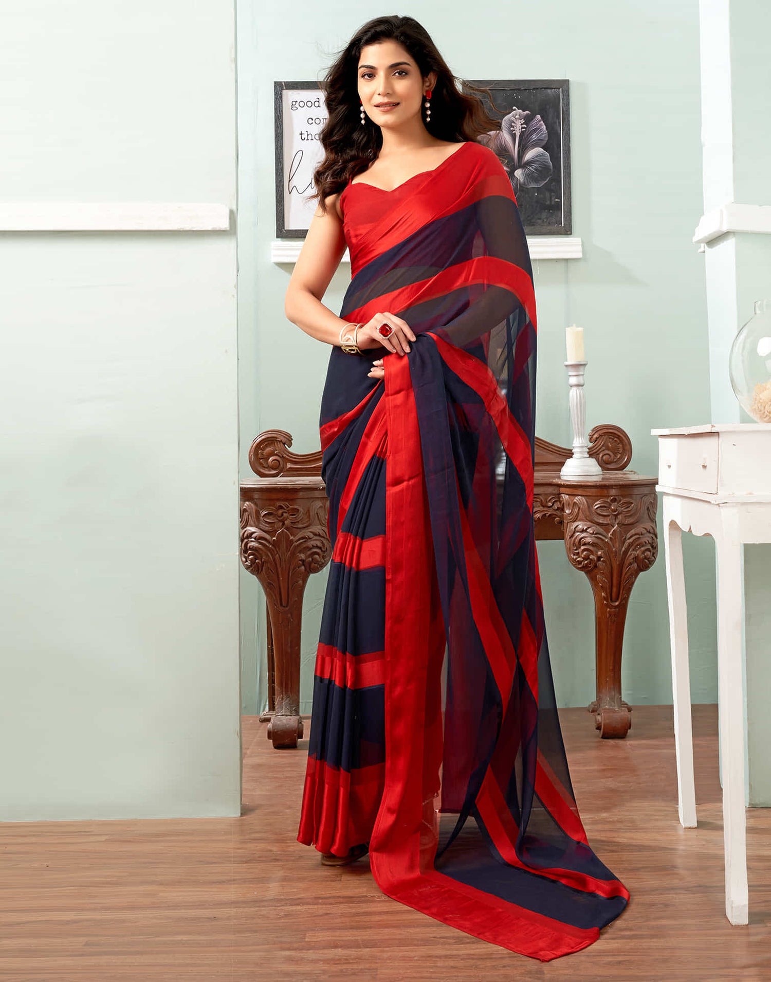 Navy Blue Printed Georgette Saree