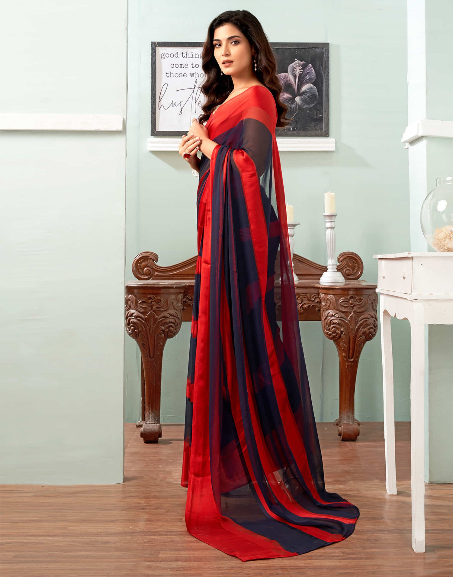 Navy Blue Printed Georgette Saree