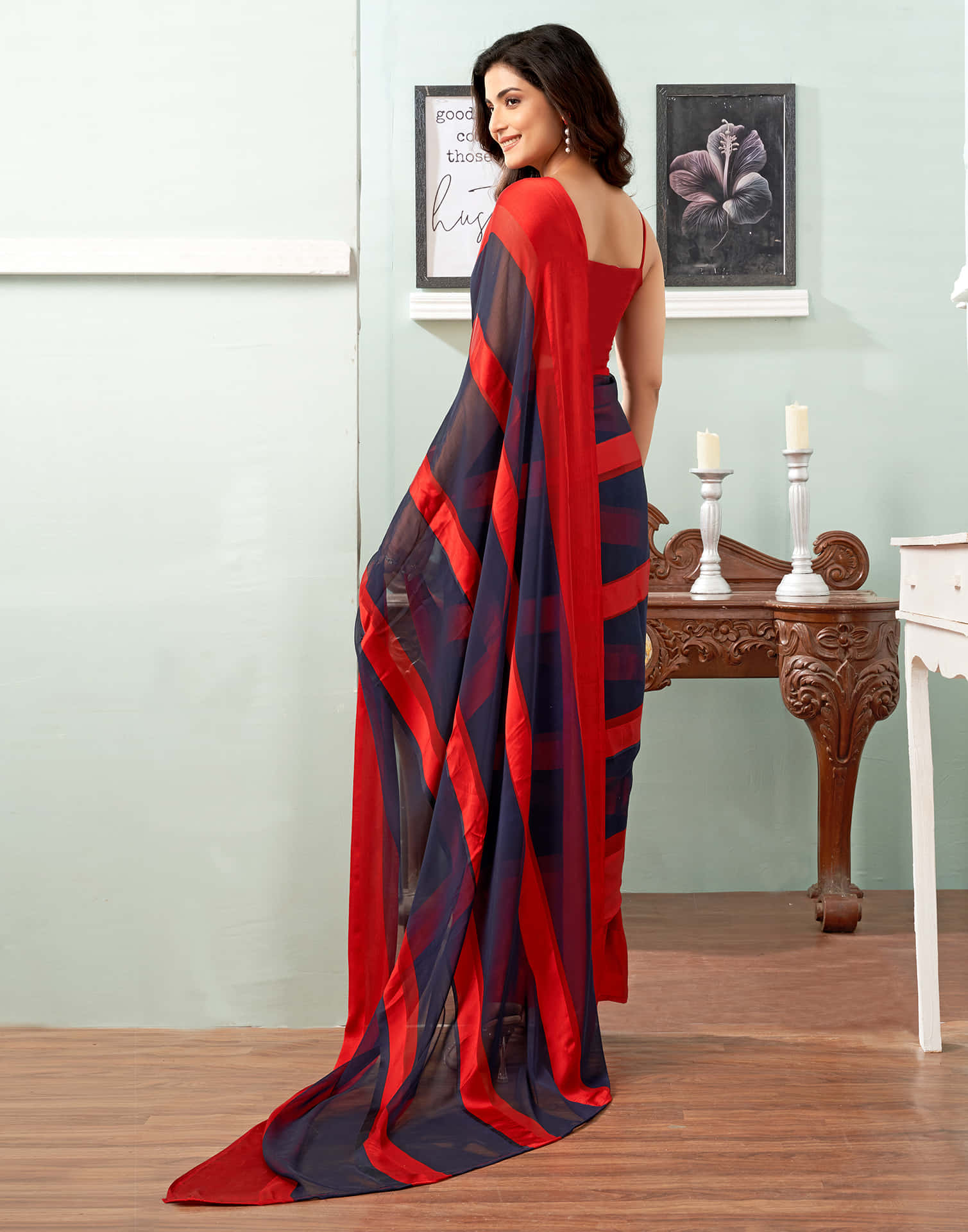 Navy Blue Printed Georgette Saree