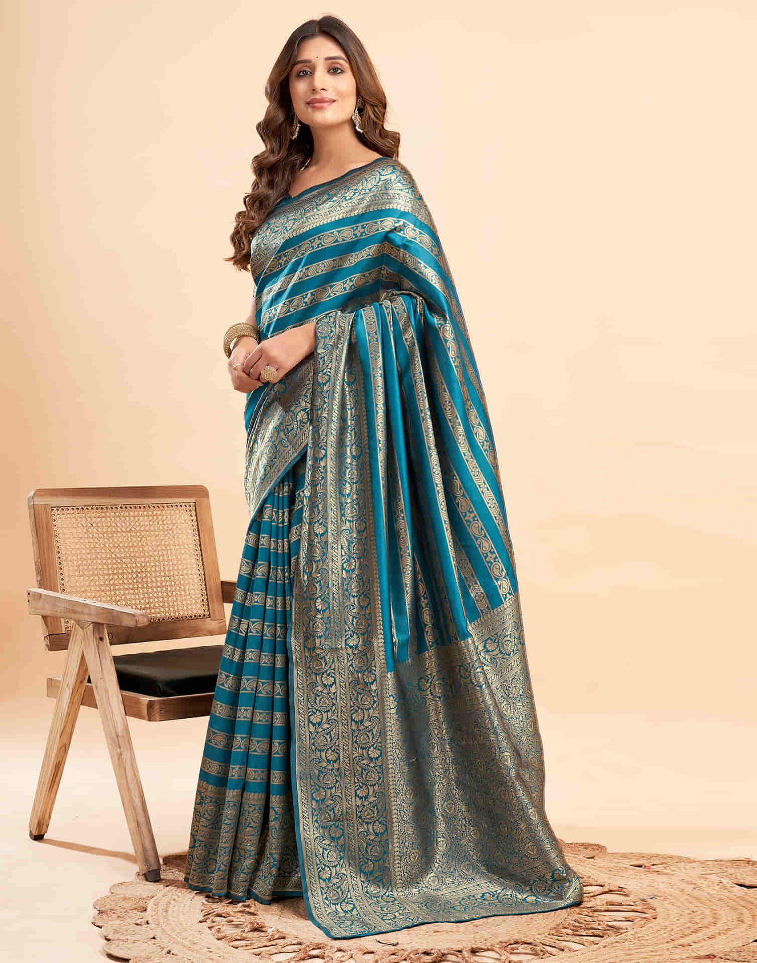 B1G1 Teal Blue Banarasi Silk Woven Saree