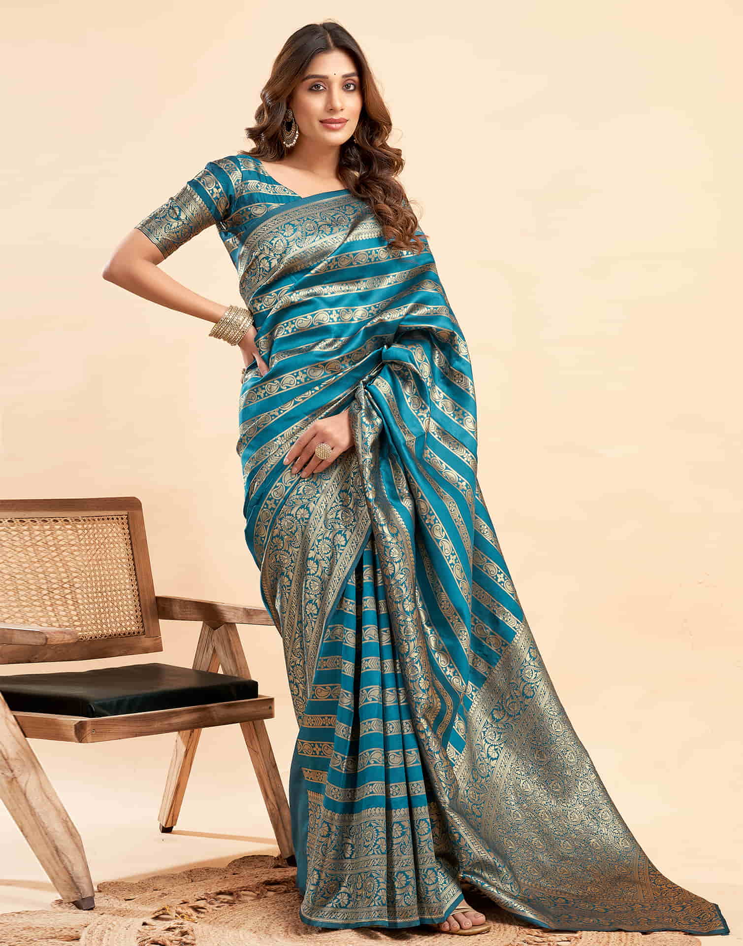 B1G1 Teal Blue Banarasi Silk Woven Saree