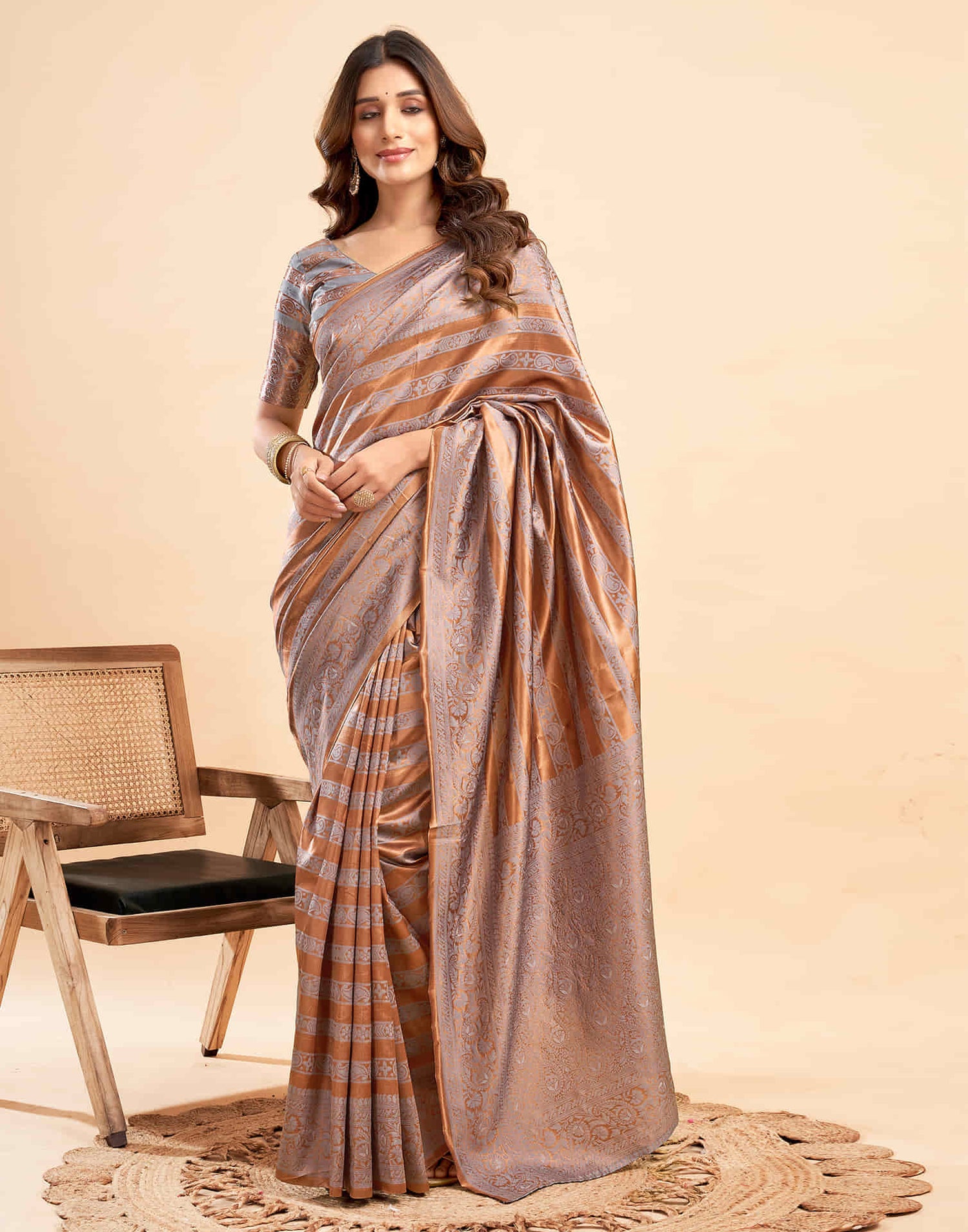 B1G1 Chestnut Brown Banarasi Silk Woven Saree