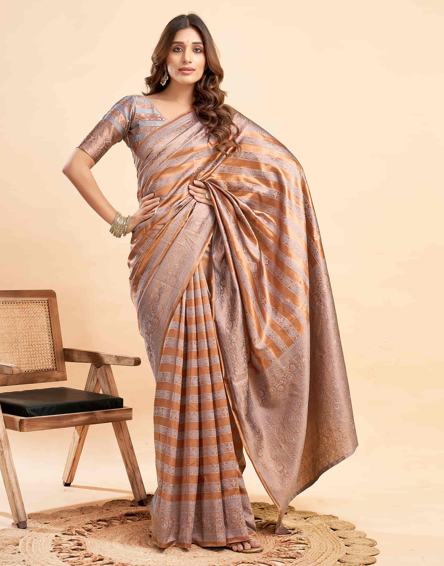 B1G1 Chestnut Brown Banarasi Silk Woven Saree