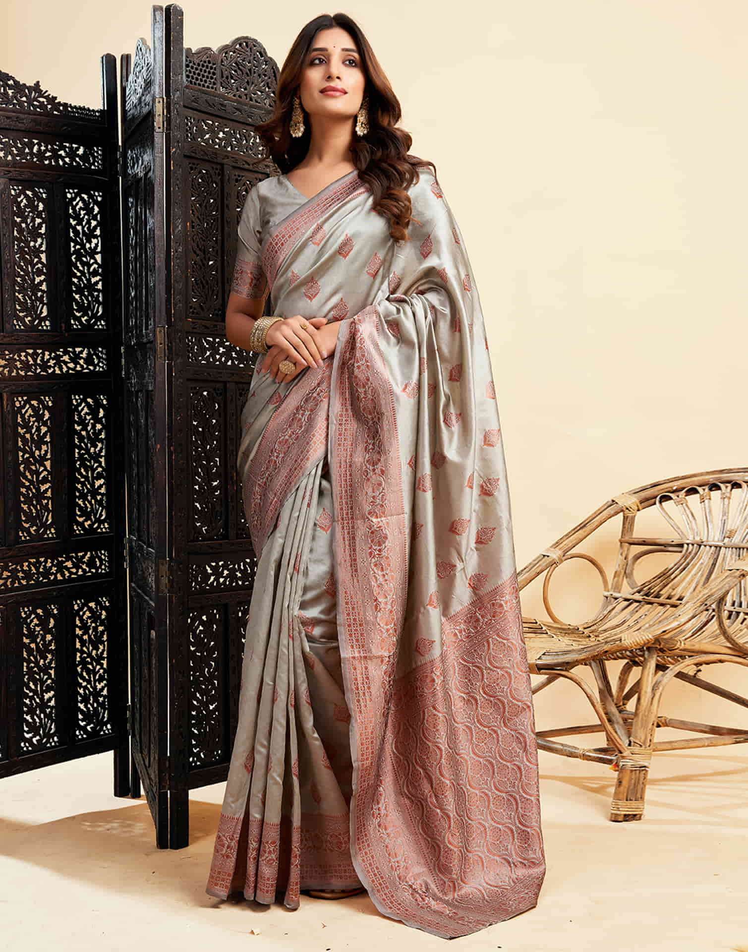 B1G1 Grey Banarasi Silk Woven Saree