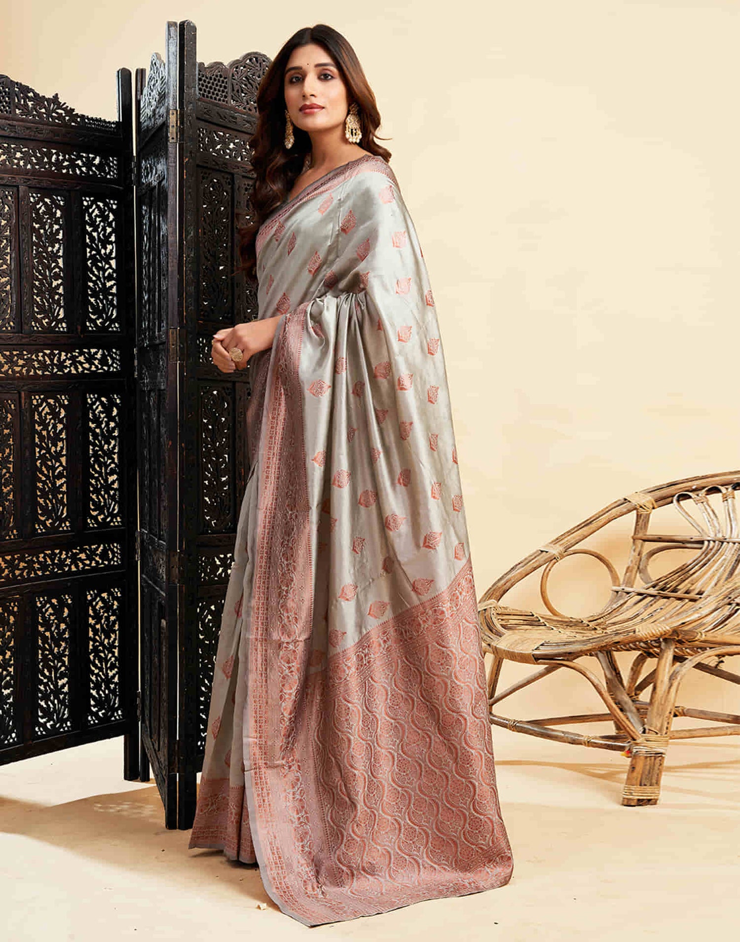 B1G1 Grey Banarasi Silk Woven Saree