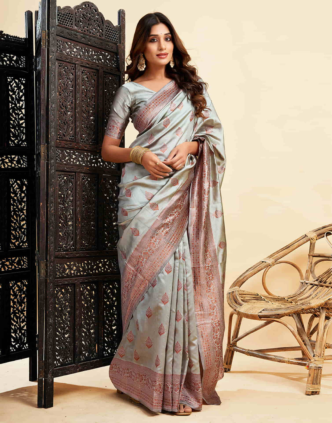 Grey Banarasi Silk Woven Saree