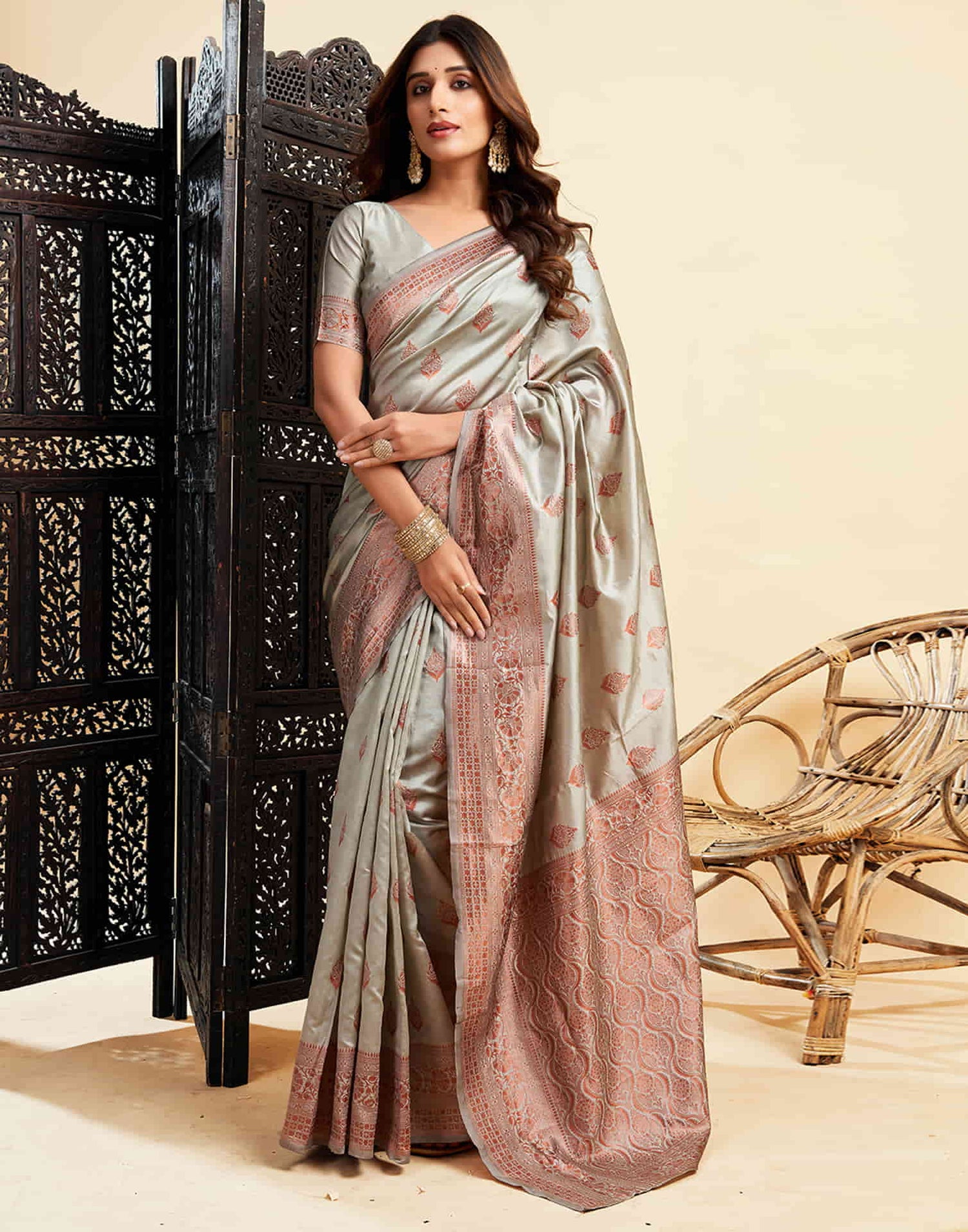 B1G1 Grey Banarasi Silk Woven Saree