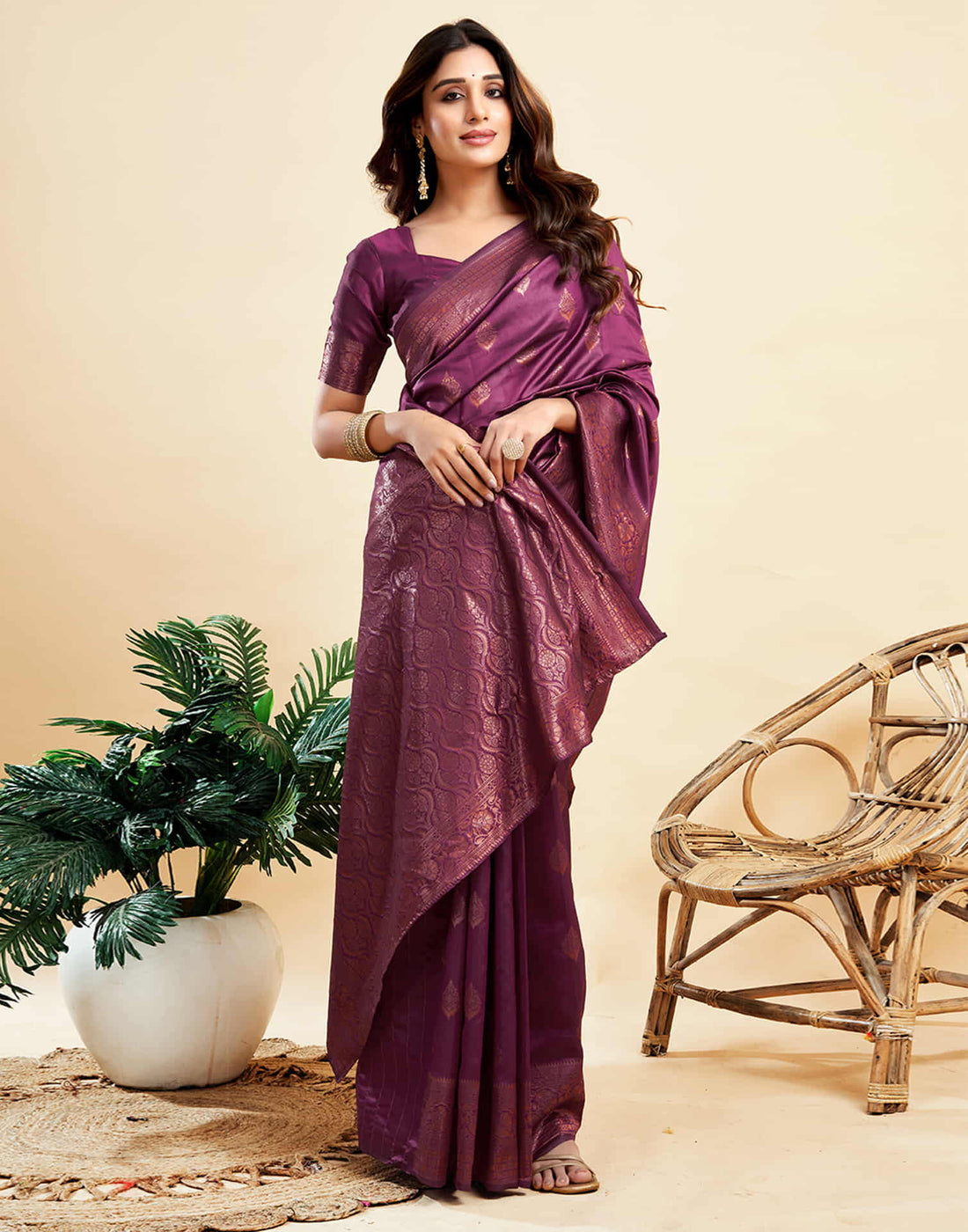 Wine Banarasi Silk Woven Saree