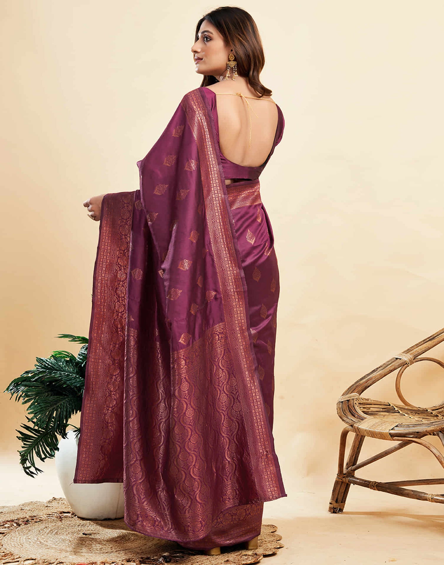 B1G1 Wine Banarasi Silk Woven Saree