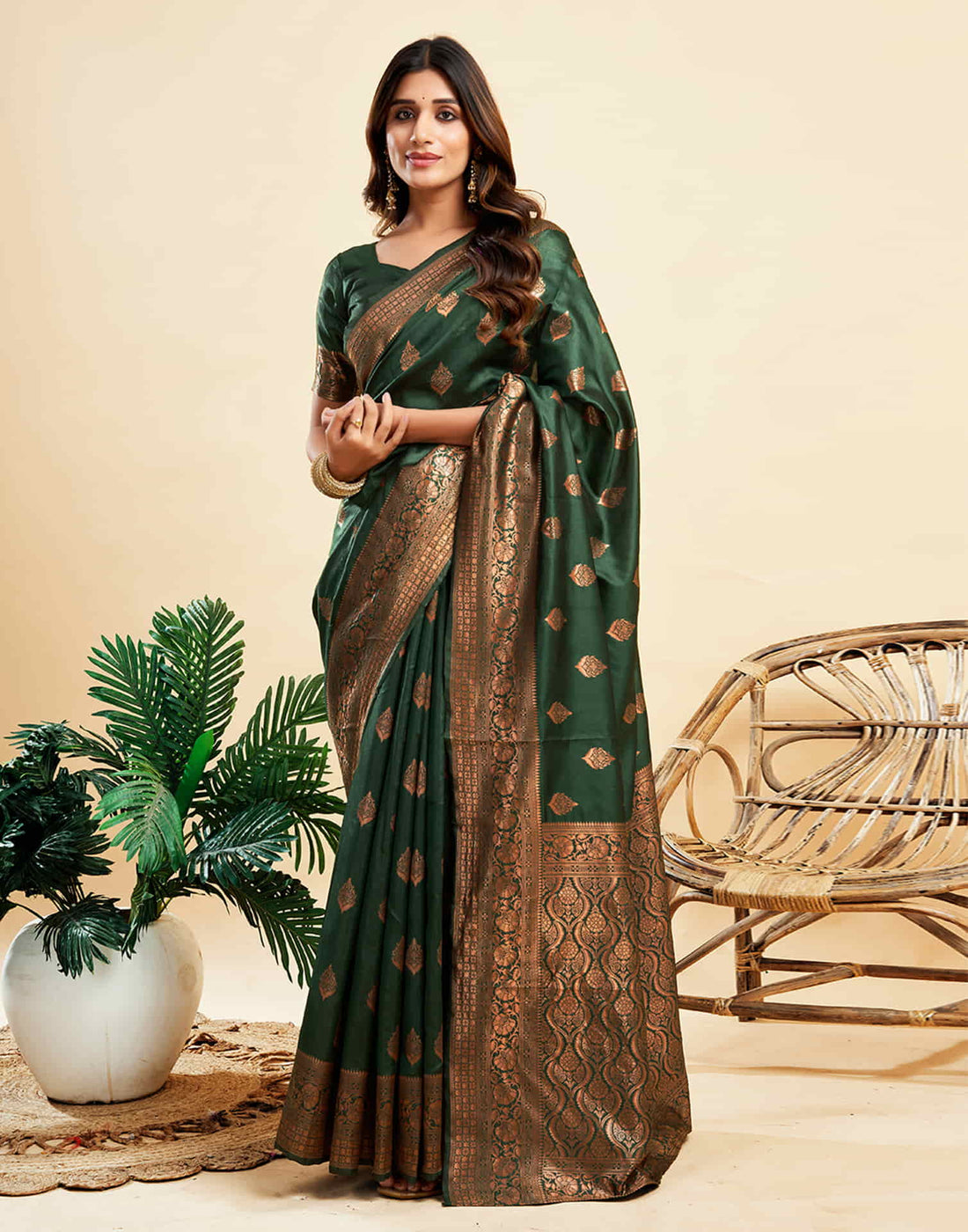 B1G1 Dark Green Banarasi Silk Woven Saree