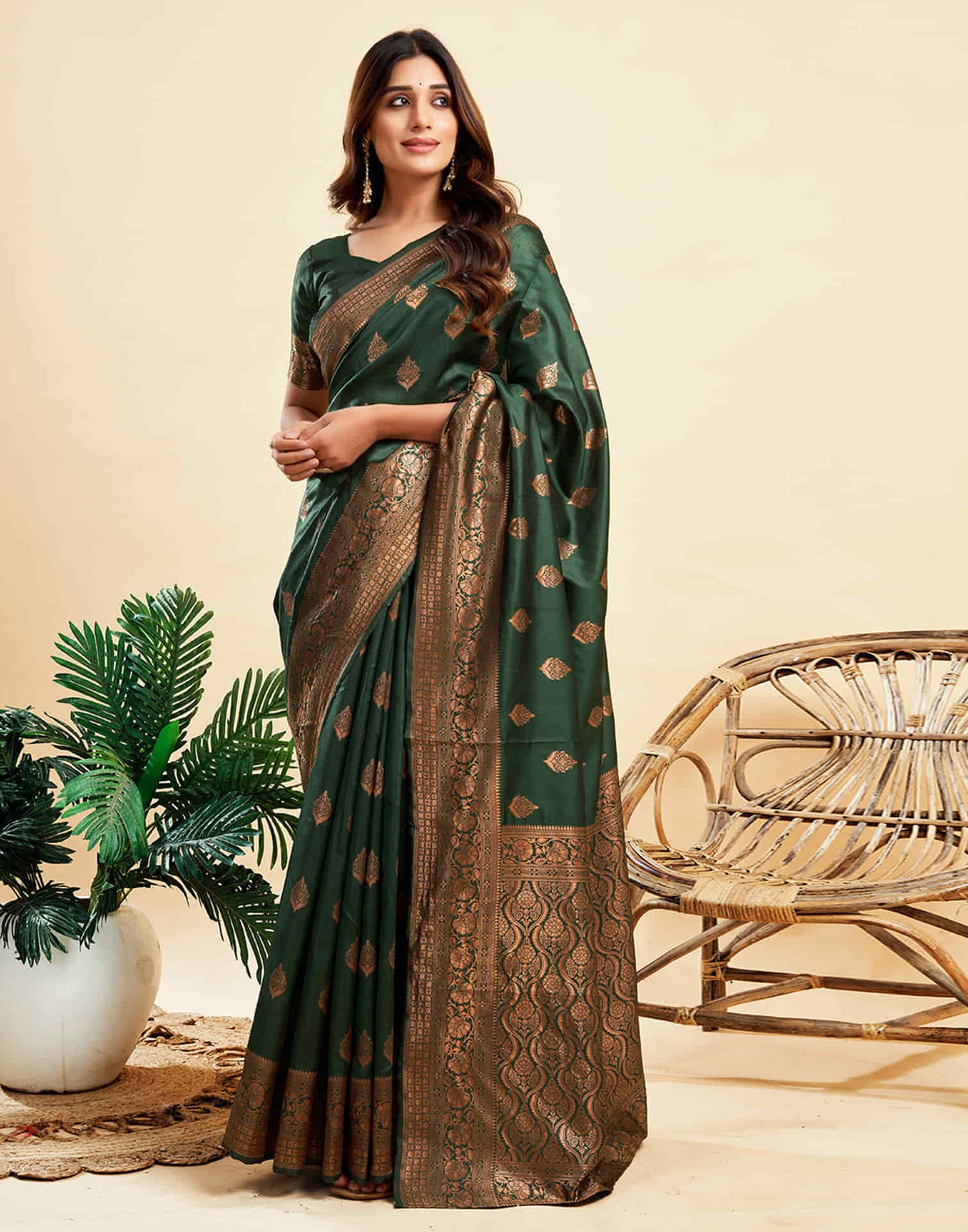 B1G1 Dark Green Banarasi Silk Woven Saree