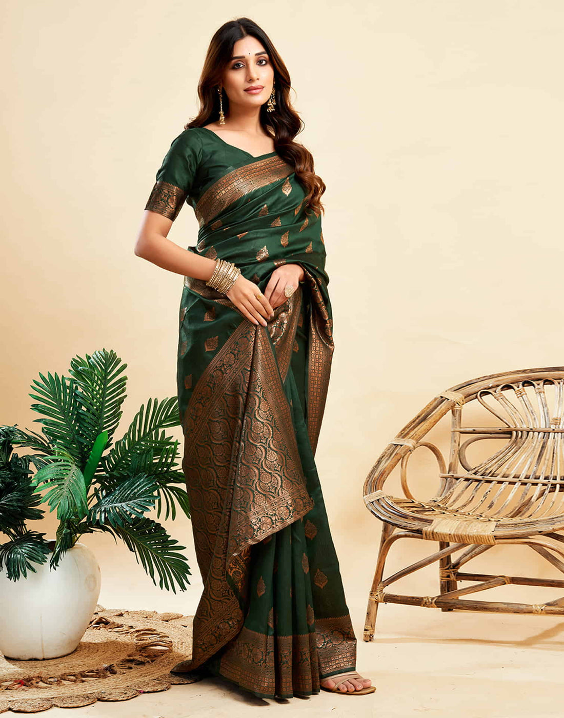 Dark Green Banarasi Silk Woven Saree