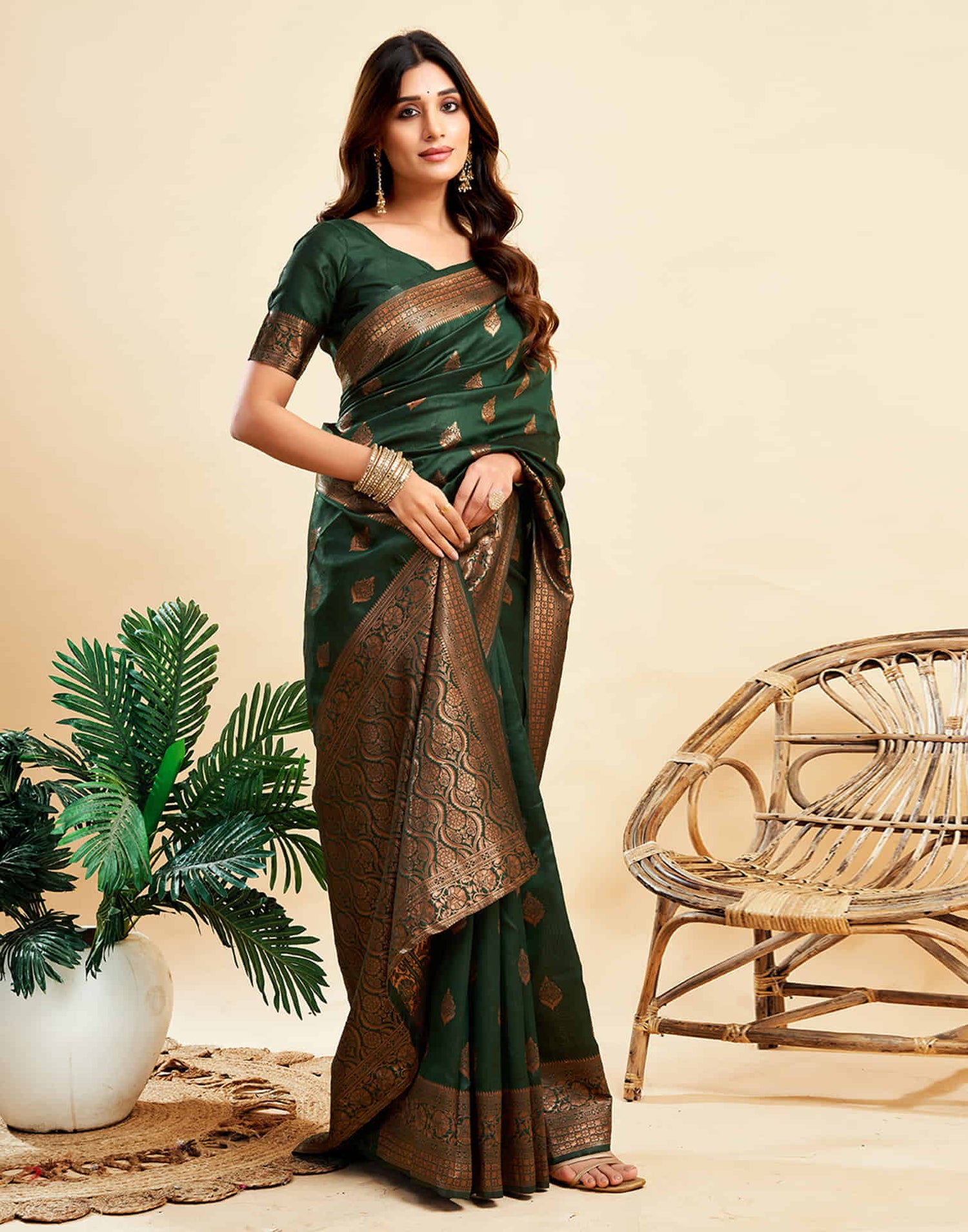 B1G1 Dark Green Banarasi Silk Woven Saree