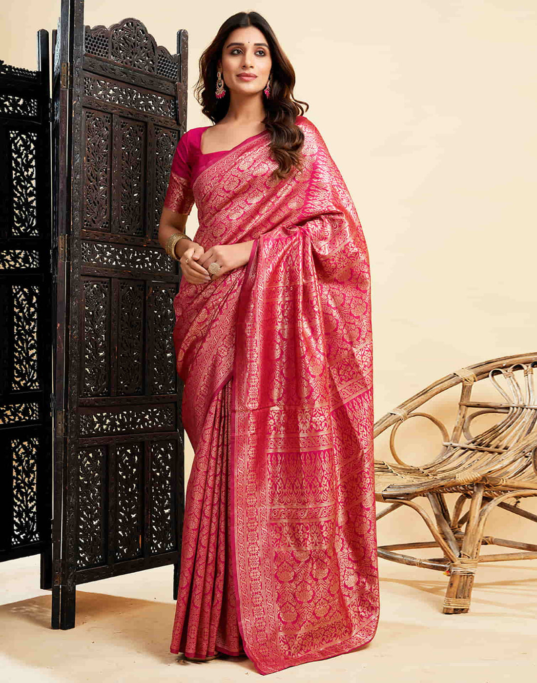 Rani Pink Banarasi Silk Woven Saree