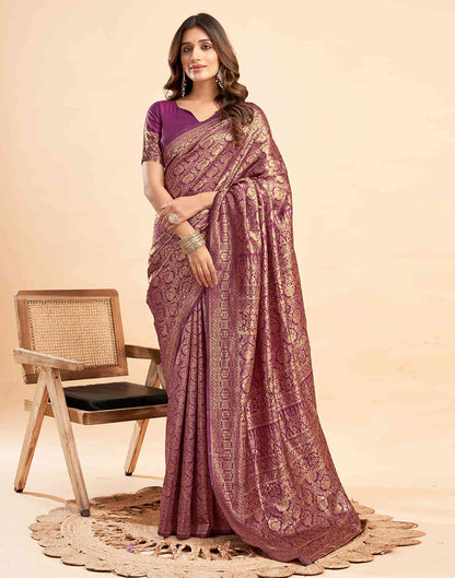 B1G1 Wine Banarasi Silk Woven Saree