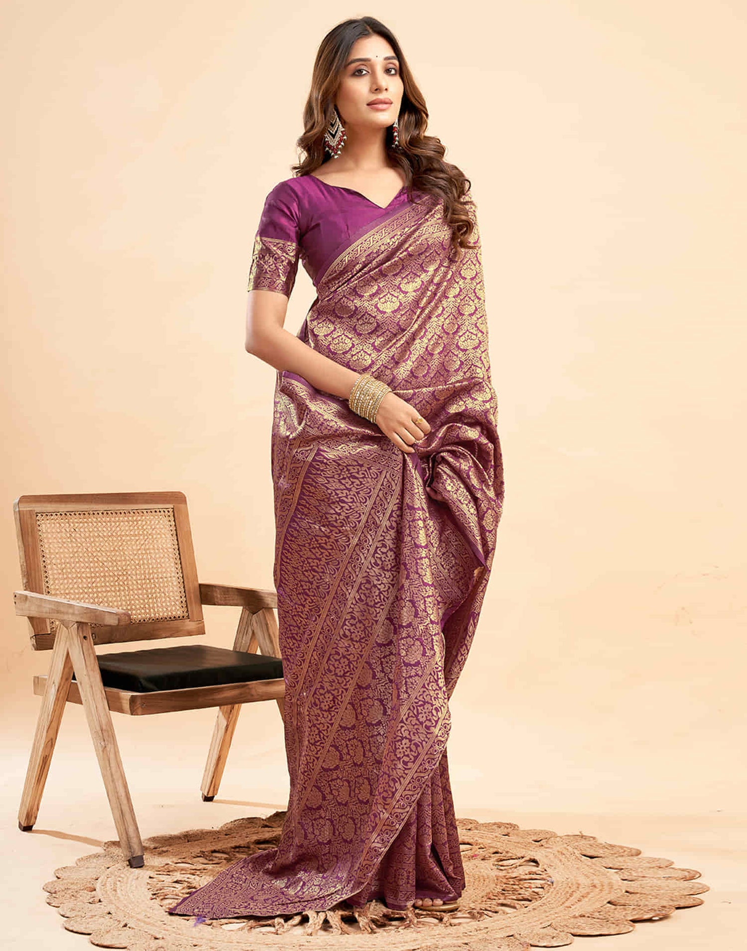 B1G1 Wine Banarasi Silk Woven Saree