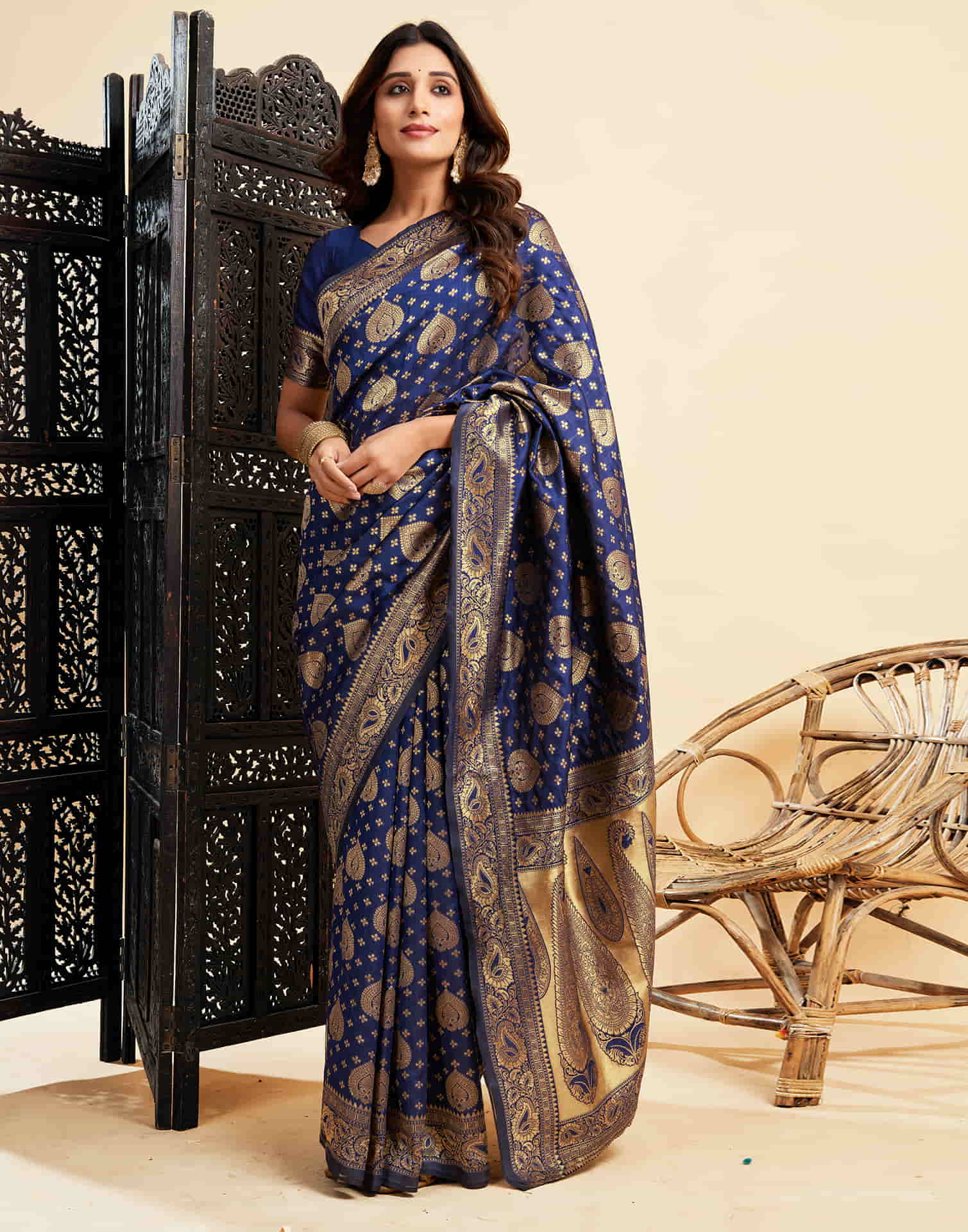 Navy Blue Banarasi Silk Woven Saree