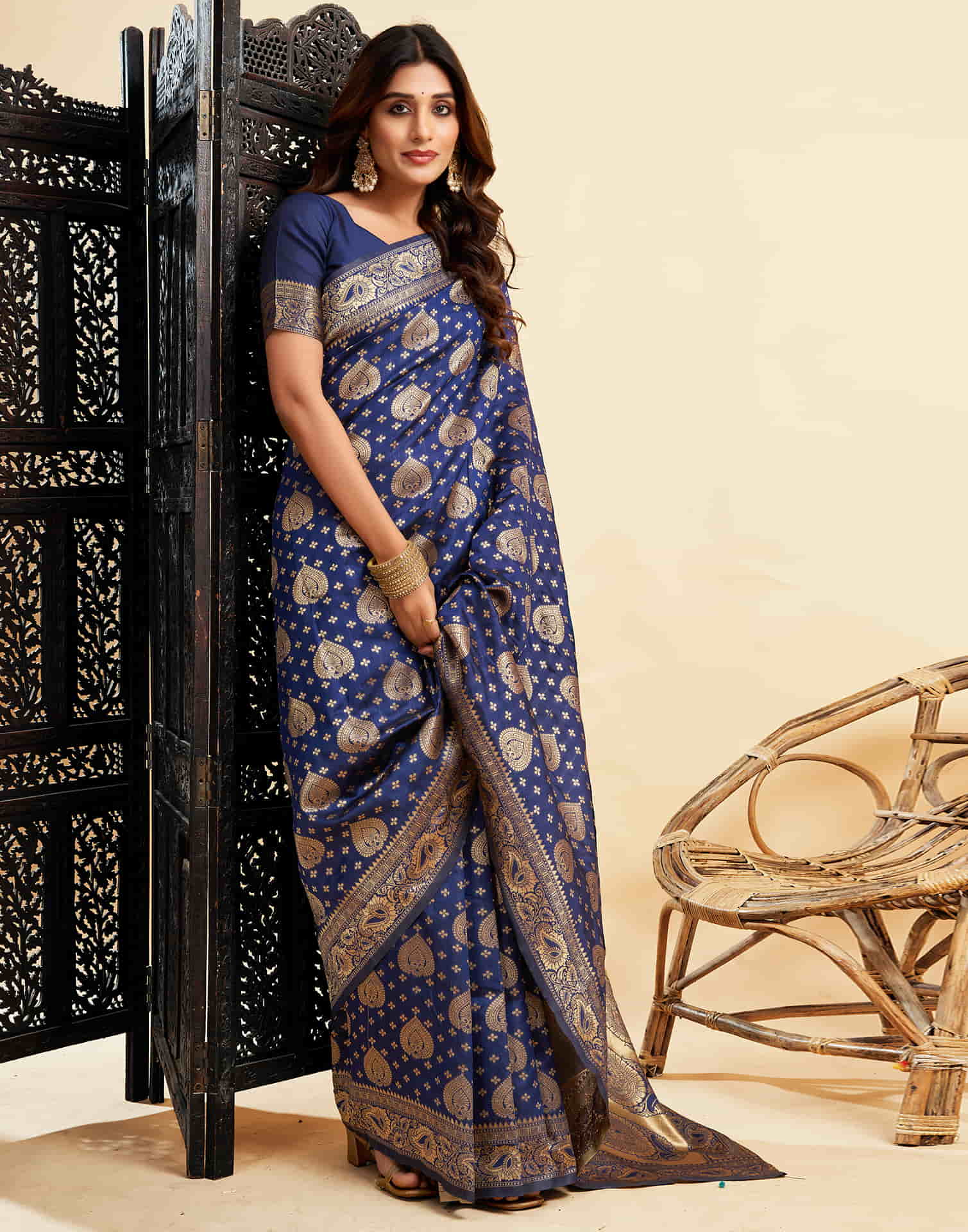 Navy Blue Banarasi Silk Woven Saree